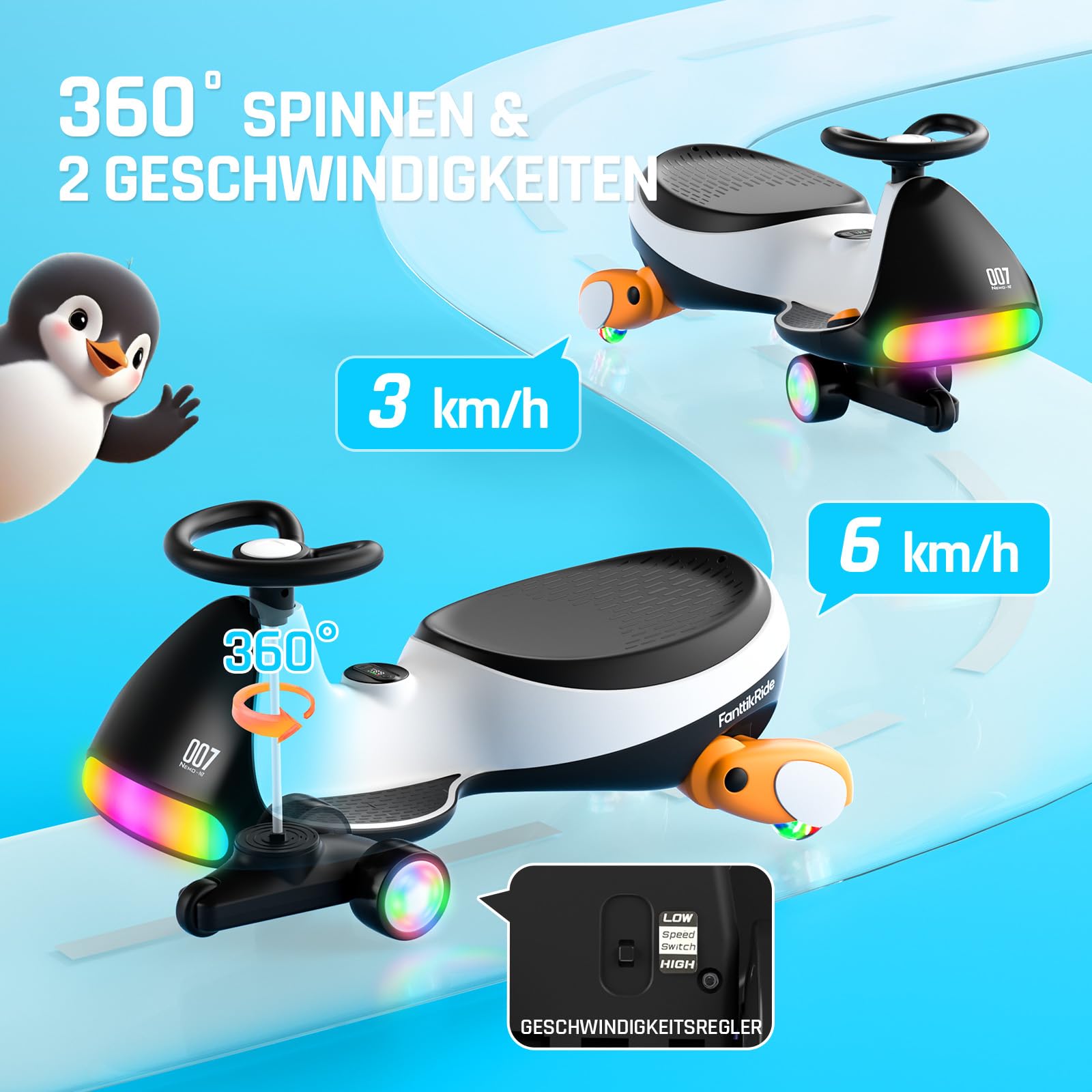 FanttikRide N7 Ultra Elektrisches Wackelauto mit wiederaufladbarem Typ-C-Akku, Ultraleise, 2 Geschwindigkeiten bis maximal 6 km/h, 9 Farbmodi, Digitalanzeige, für Kinder ab 3 Jahren, Pinguin Schwarz