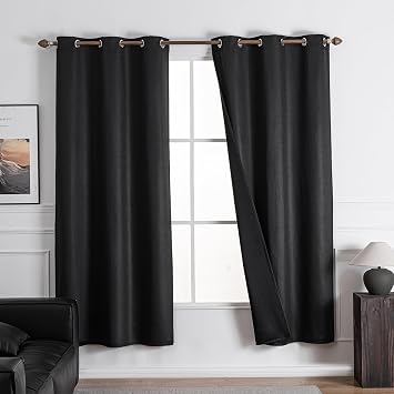 NANPIPER 100% Blackout Curtains for Bedroom 54 Inch Length 2 Panels Set, Solid Thermal Insulated Energy Saving Window Treatment Curtains Grommet Top Drapes, W52 x L54 Inches, Black