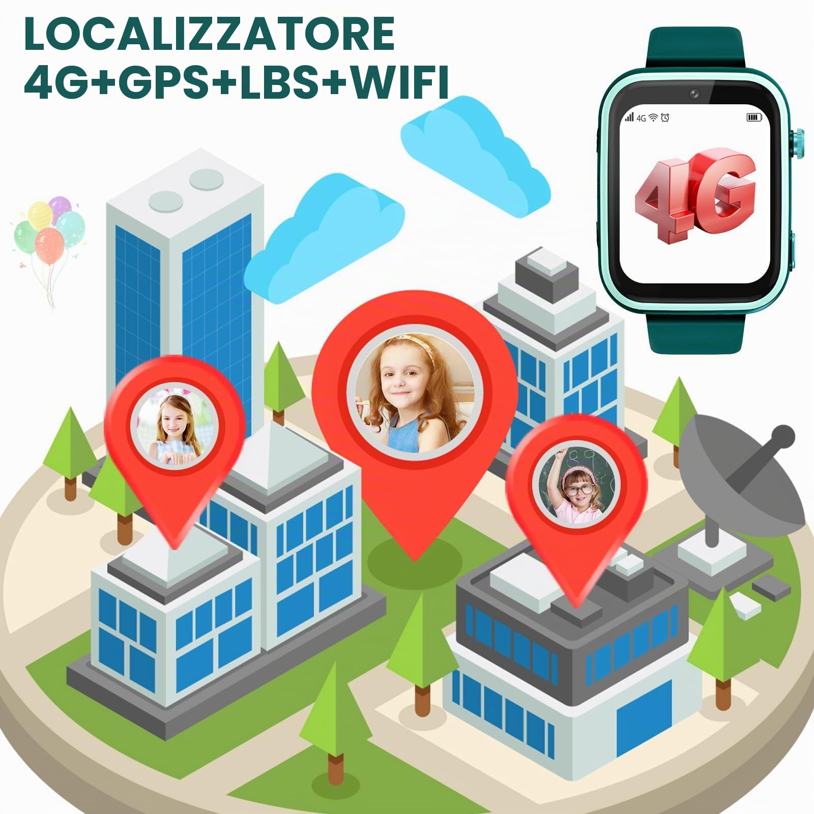 OKYUK T45 Orologio intelligente per bambini 4G GPS Tracker orologio per bambini ragazzi con videochiamata, messaggi, modalità scolastica, funzione SOS, fotocamera e pedometro (verde)
