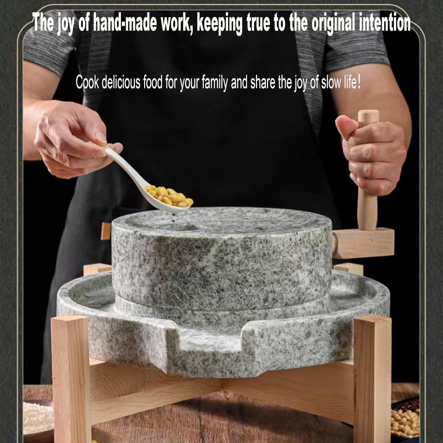 Hand Grain Mill Stone - Handmade Stone Grinder with Wooden Stand, Hand Crank Wet Grain Grinder, Household Se & Grain Pulverizer for Wheat, Rice, Beans, Seeds, and SES