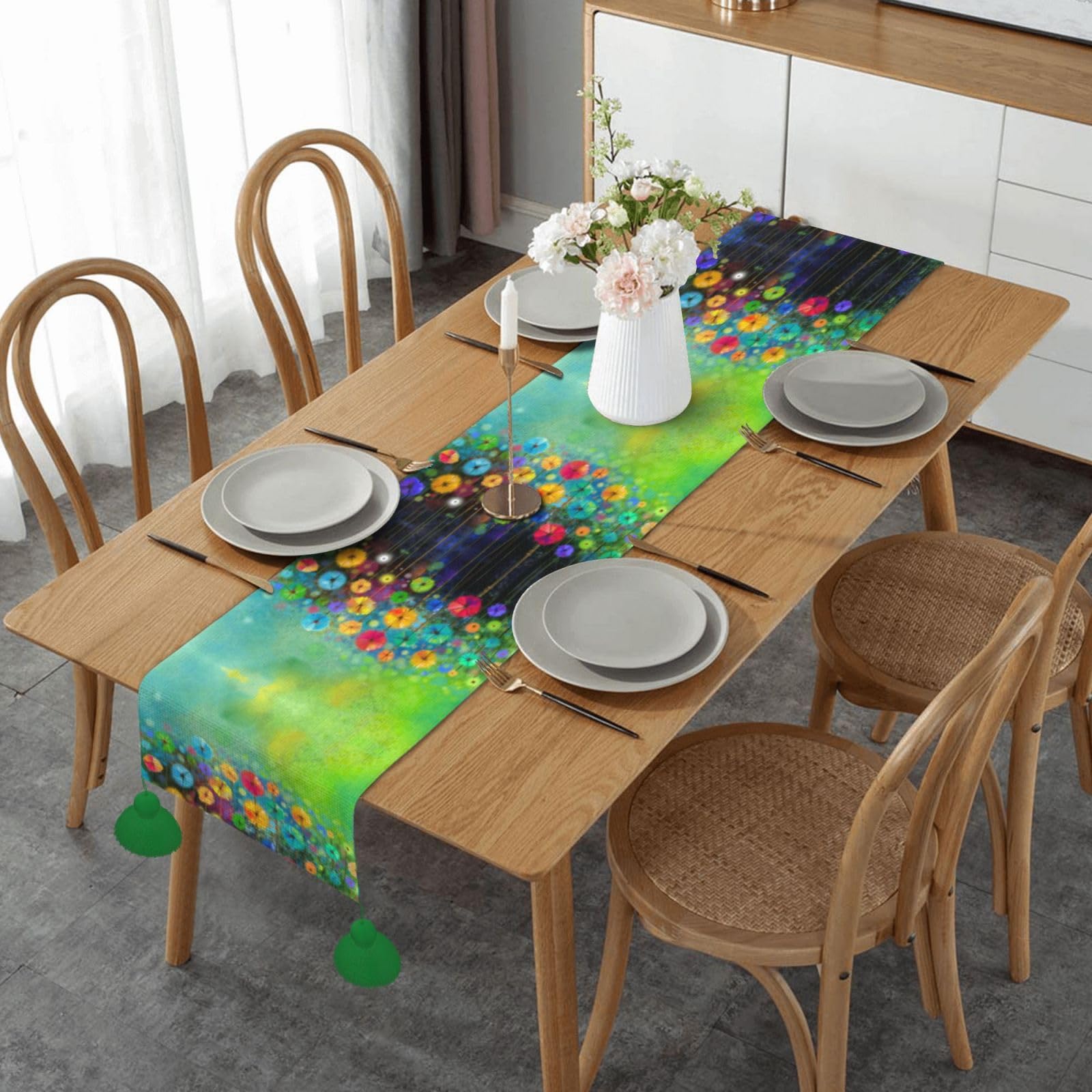 Chemin de table rustique en tissu imprimé de fleurs abstraites colorées