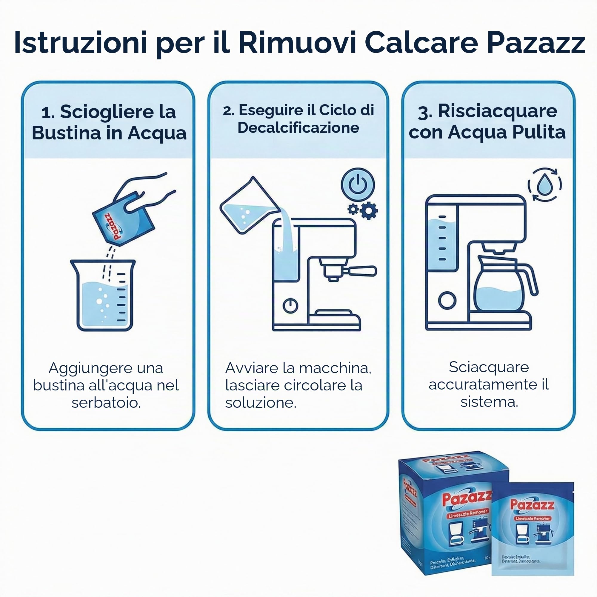 PAZAZZ Decalcificante per Macchine da Caffè – Compatibile con De’Longhi, Sage, Gaggia, Krups, Dualit e Altri – Rimuove il Calcare – Rende 60.000ml – Confezione da 12