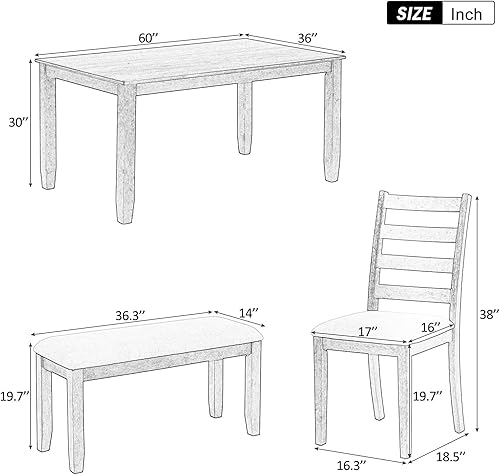 Miniatura 4 de Farmhouse 6-Piece Rustic Style Dining Set,Including a Rectangular Wood Table,an Upholstered Bench,and 4 Wooden Chairs,for Living Room, Home Bar,