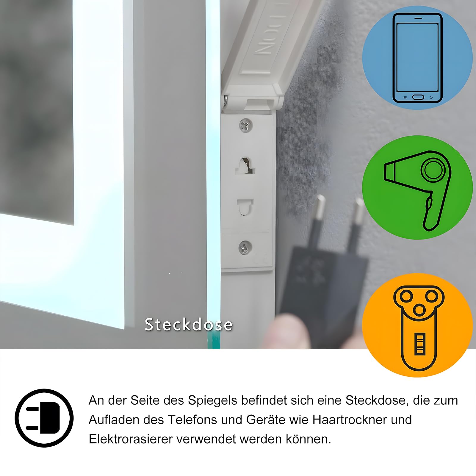 MIQU Specchio da bagno a LED, 90 x 60 cm, con illuminazione, bianco caldo/bianco freddo, dimmerabile, con touch + antiappannamento, rettangolare,Adatto per bagno,stanza da letto