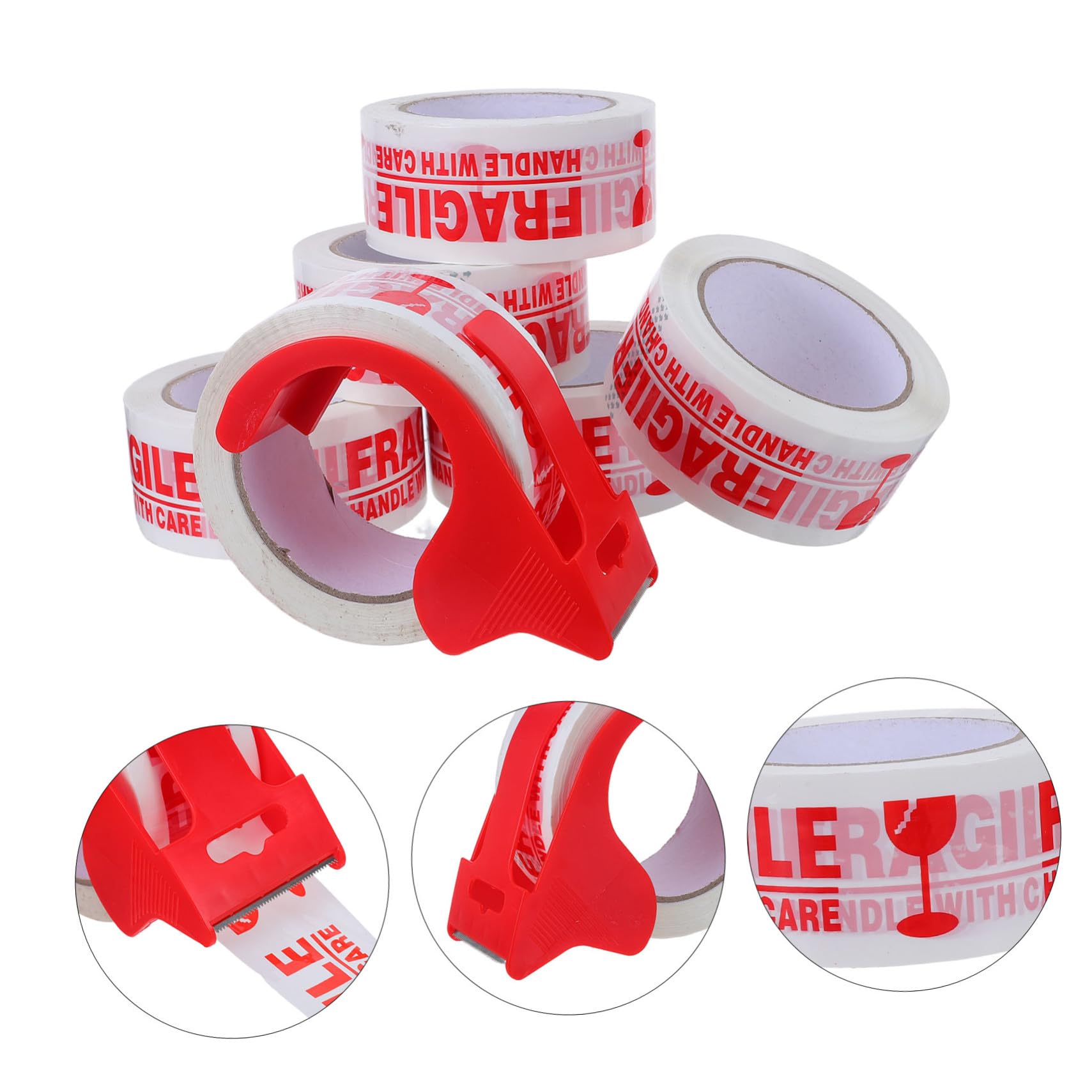 6 Rollen Zerbrechliches Bedrucktes Packband für Versand und Transport | Rot, Pvc und Papier, Internationale Kennzeichnung, Sichere Versiegelung, Praktische Ausgabe, Leichte Identifikation