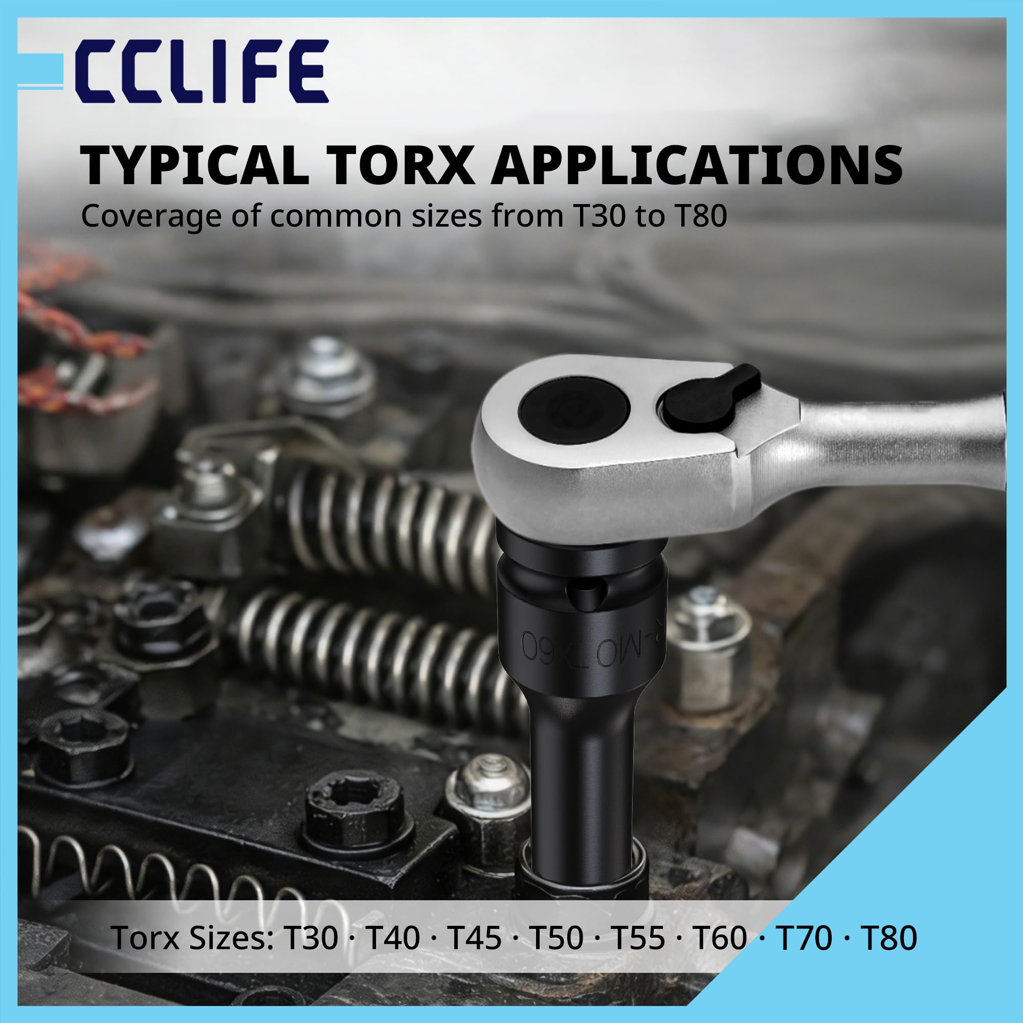 CCLIFE Torx KraftBit zestaw kluczy nasadowych 1/2", 8-częściowy zestaw końcówek do wkrętarki udarowej T30-T80 CR-MO, bity udarowe, 78 mm, bardzo długie, do naprawy i konserwacji