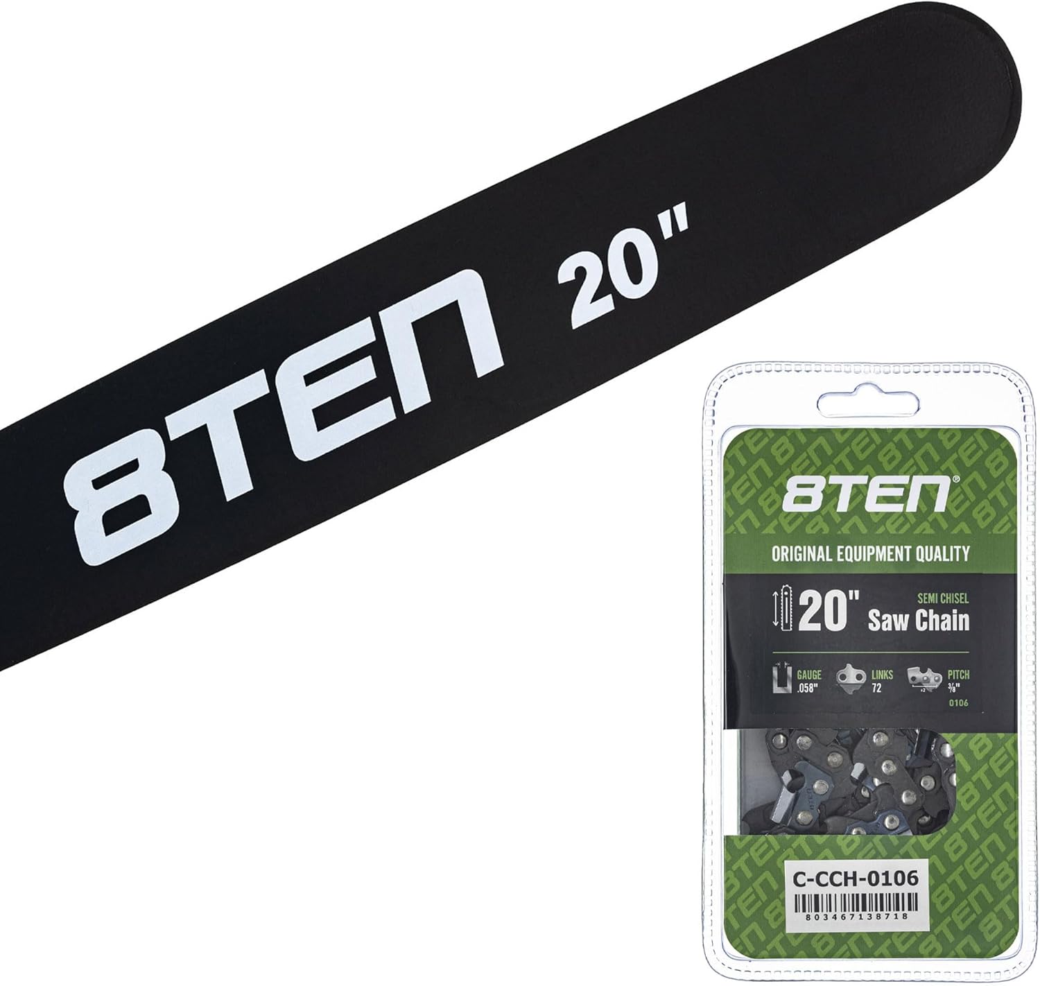 8TEN 20" Chainsaw Guide Bar & Chain .058 3/8 72DL for Husqvarna Echo Jonsered Mcculloch H42-72 5440759-72
