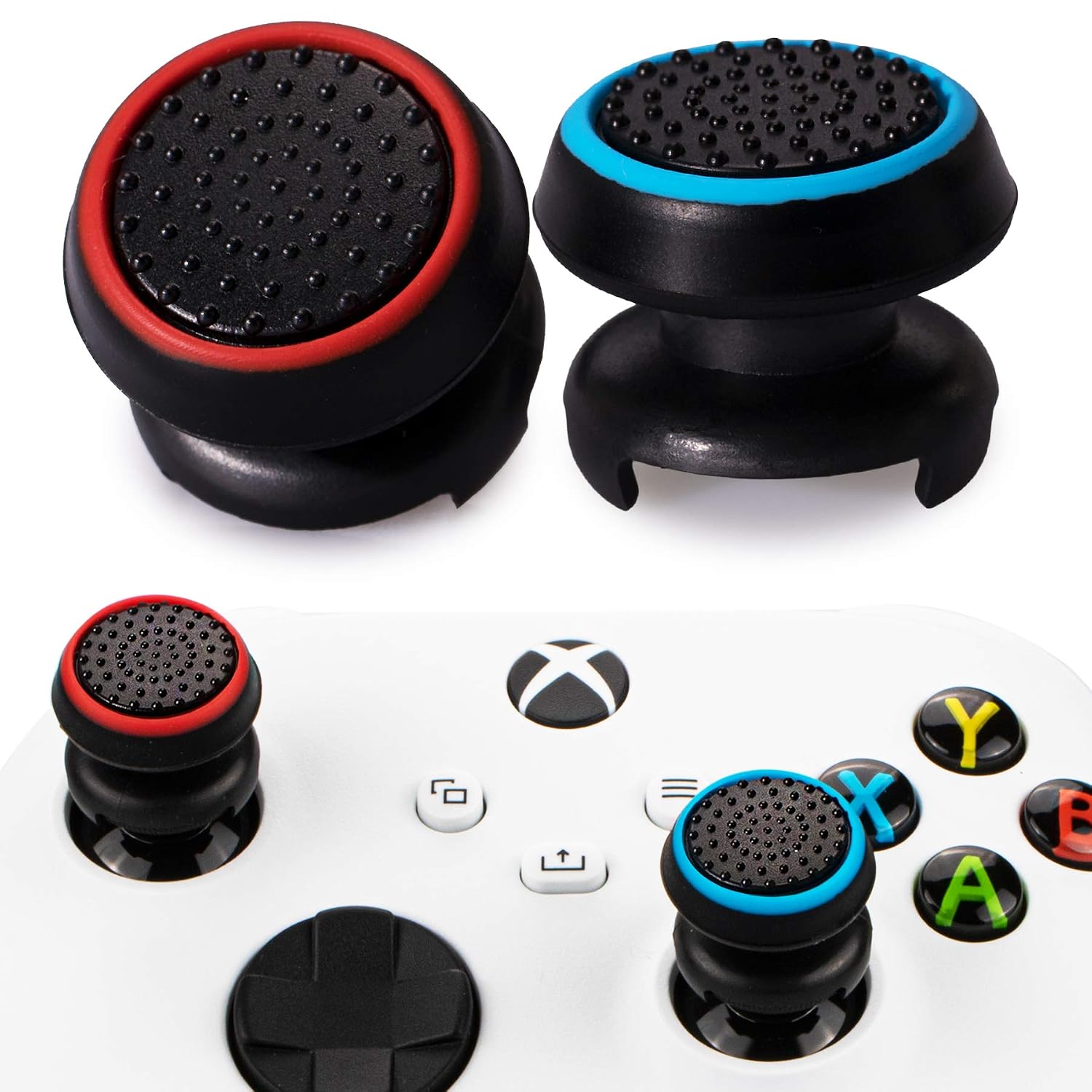 FPS Thumbstick Extender & 3D Texture Rubber Silicone Grip Cover 2 Sets for Xbox Series X/S & Xbox One Controller(Black+Clear)