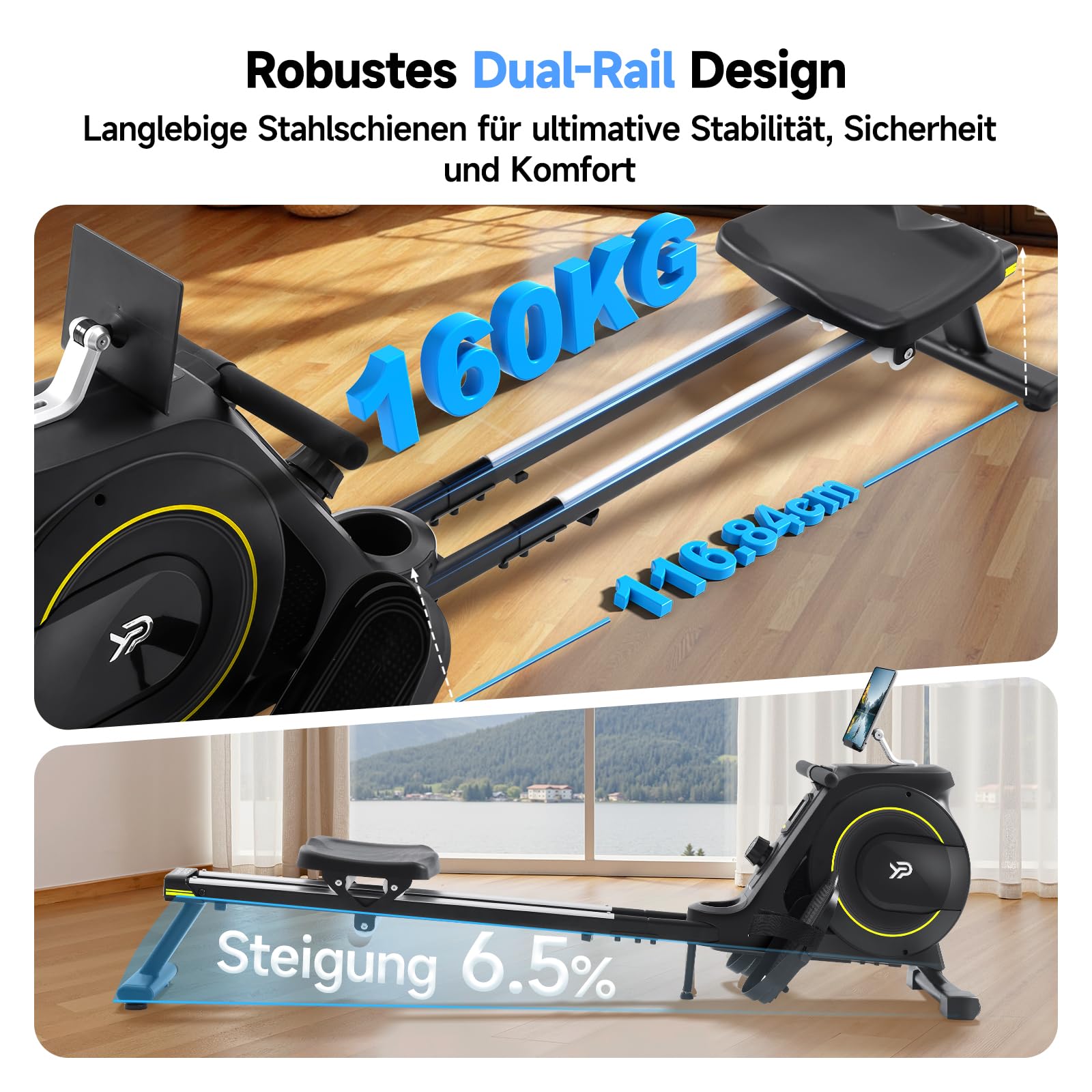 YPOO Rudergerät für Zuhause,Leise Rudergeräte Klappbar Magnetische,16 Widerstandsstufen,Upgrade Doppel-Slide-Rails,Rudermaschine LCD-Datenanzeige,Exklusiver APP,Belastbar bis160KG,Vertikal Verstaubar