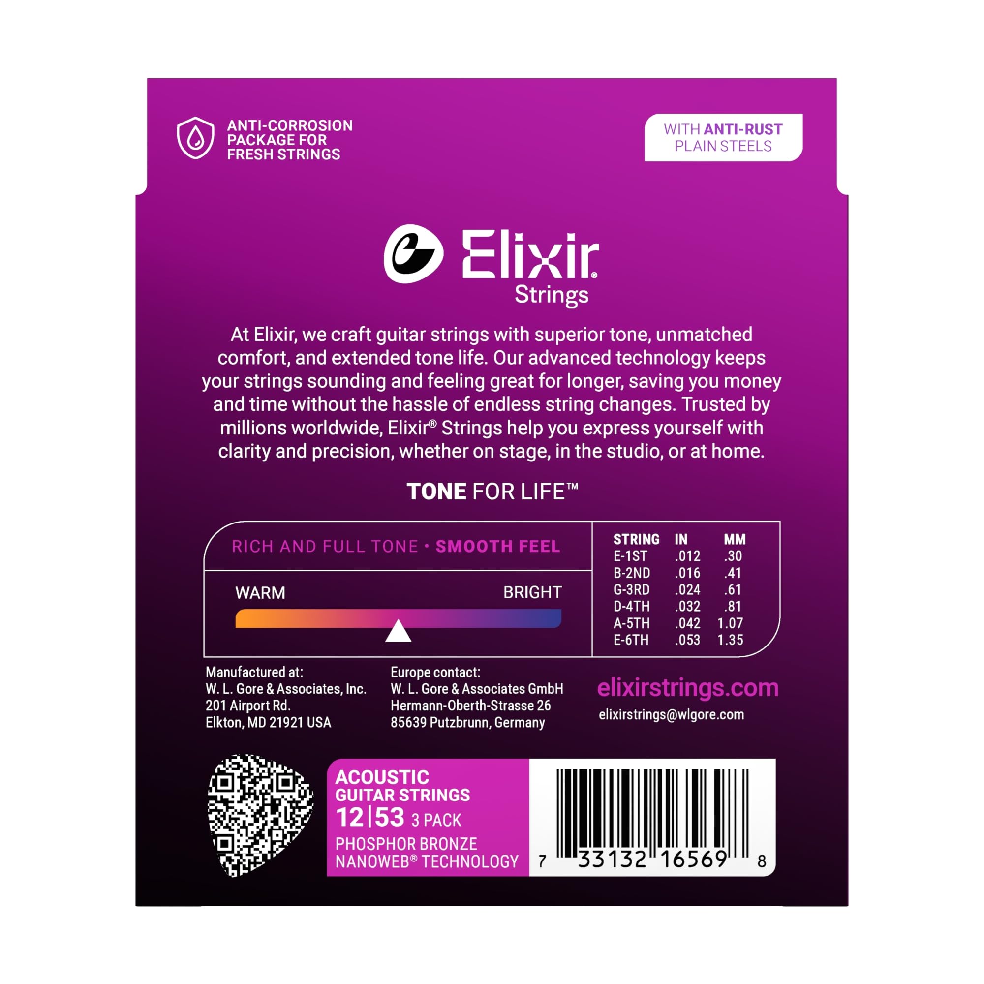Elixir Cuerdas de guitarra de bronce fosforoso acústico con tecnología NANOWEB, luz 12-53, (paquete de 3 16052), lanzamiento limitado de vacaciones