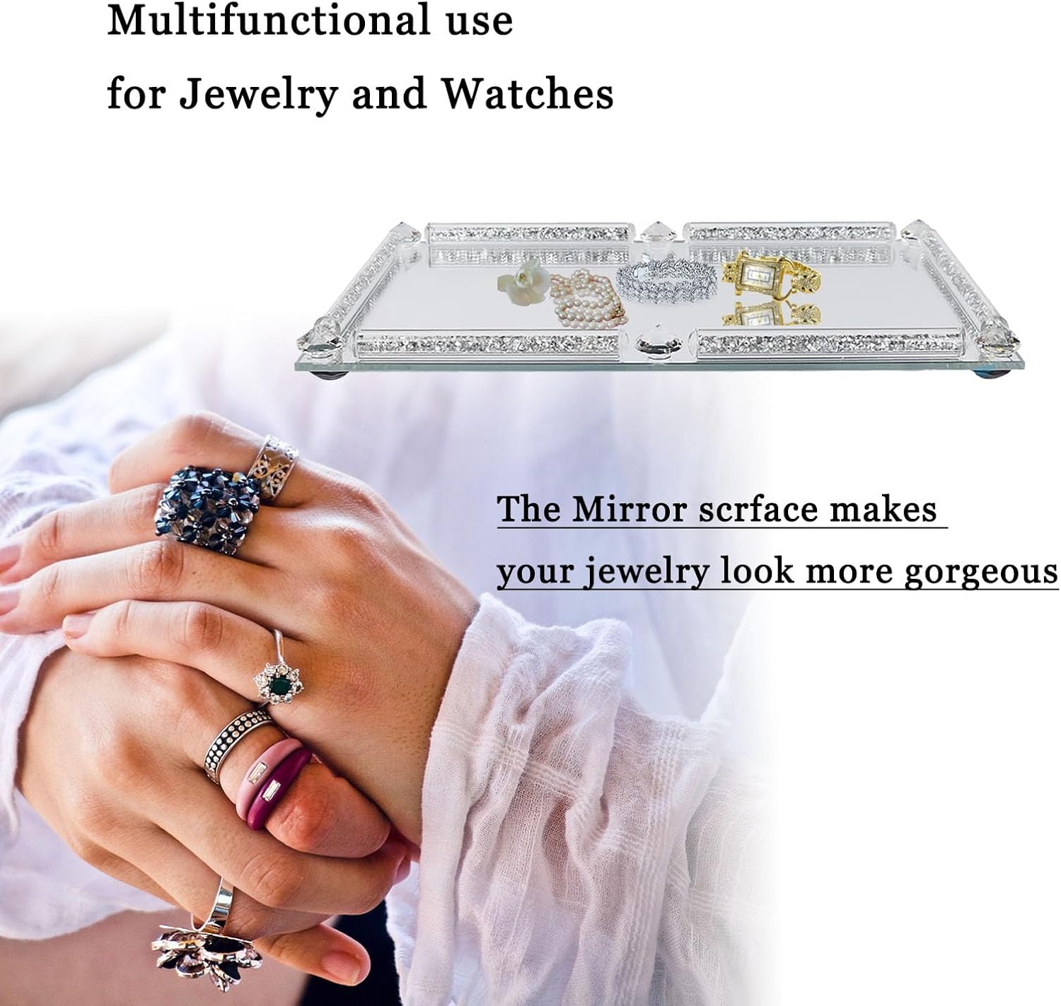 Crystal Glass Tray, 11.8" x 7.9" Crushed Diamond Silver Mirror Perfume Makeup Display Tray, Noble Jewelry Trinket Vanity Trays, Ornate Rectangular Cosmetics Dresser Decoration for Home Decor