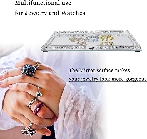 Miniatura 5 de Bandeja de vidrio de cristal, bandeja de maquillaje y perfume de espejo plateado con diamante triturado de 11.8" x 7.9", bandejas de joyería