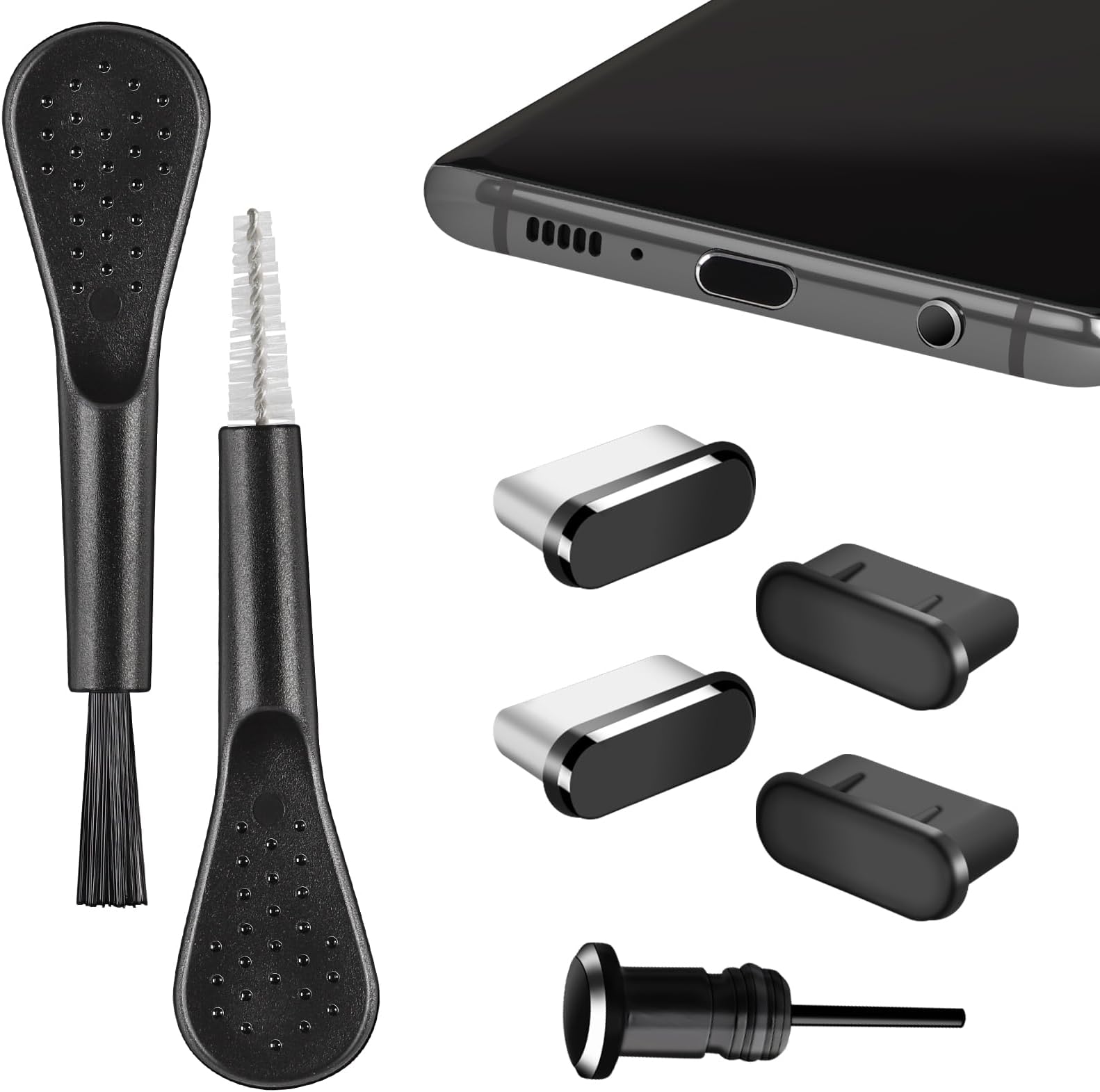 USB C Dust Plug Cover, 4pcs USB C Port Cover Cap Charging Port Cleaner with Cleaning Kits for iPhone 15 16 Series, Samsung Galaxy S23/S22/S21/S20 Ultra, Note 20/10 and All Type C Devices