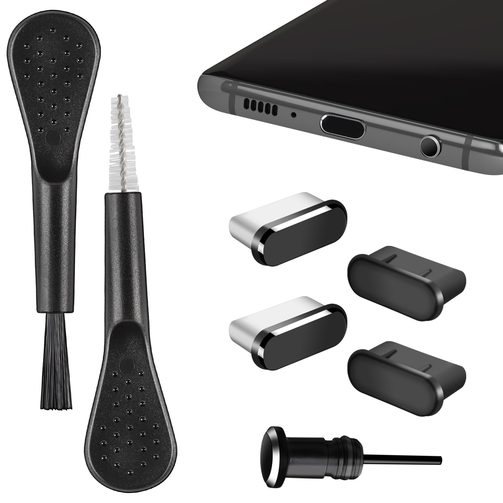 USB C Dust Plug Cover, 4pcs USB C Port Cover Cap Charging Port Cleaner with Cleaning Kits for iPhone 15 16 Series, Samsung Galaxy S23/S22/S21/S20 Ultra, Note 20/10 and All Type C Devices