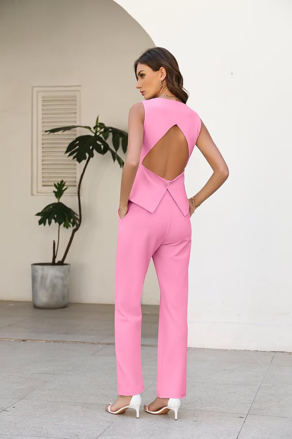 Ophestin Women's 2 Piece Pant Suits Dressy Backless Vest Blazer and Straight Leg Pantsuit Set Business Casual Outfits - Image 6