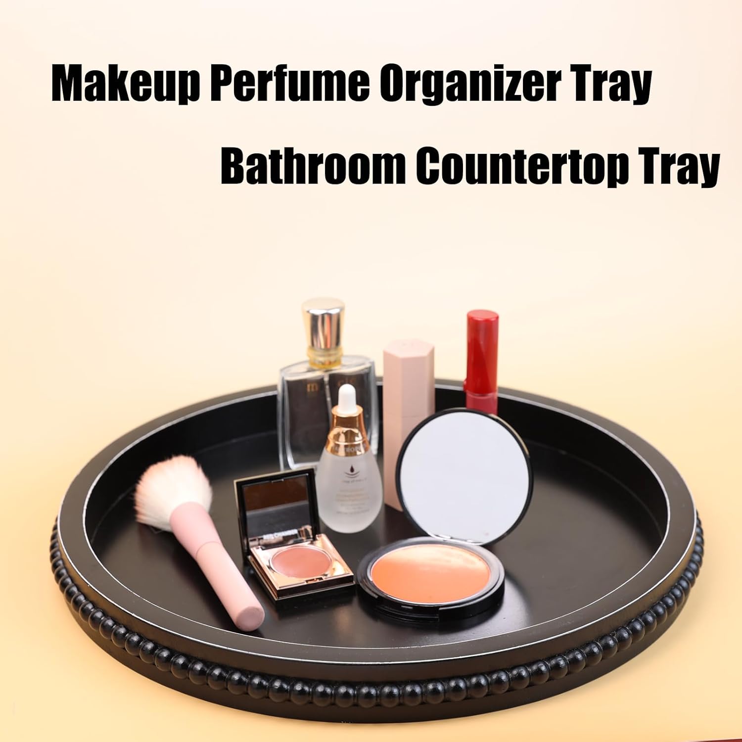 Hrastany Black Round Wood Decorative Ottoman Tray for Coffee Table Kitchen Counter, Living Room, Handcrafted Wooden Serving Tray for Table Centerpiece