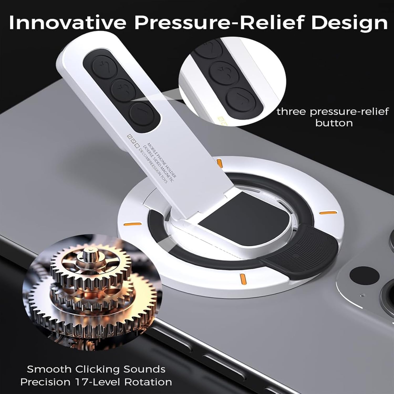 Magnetic Phone Grip for Desk, 3-in-1 360° Swivel Magnetic Finger Ring Holder with Double-Sided Magnet, 360° Rotation Pressure-Relief Cellphone Stand with Rubber Ring for All Phones 4”-8” - Image 3