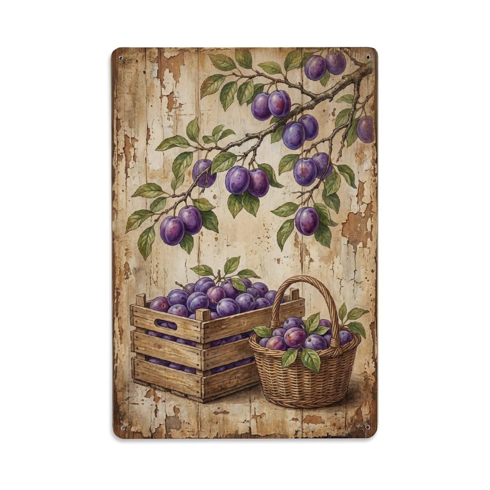 Plum Orchard Harvest Purple Fruit Countryside Tree Vintage Metal Tin Sign Plaque Wall Decor for Cafe, Club, Garden Metal Poster 8x12Inch