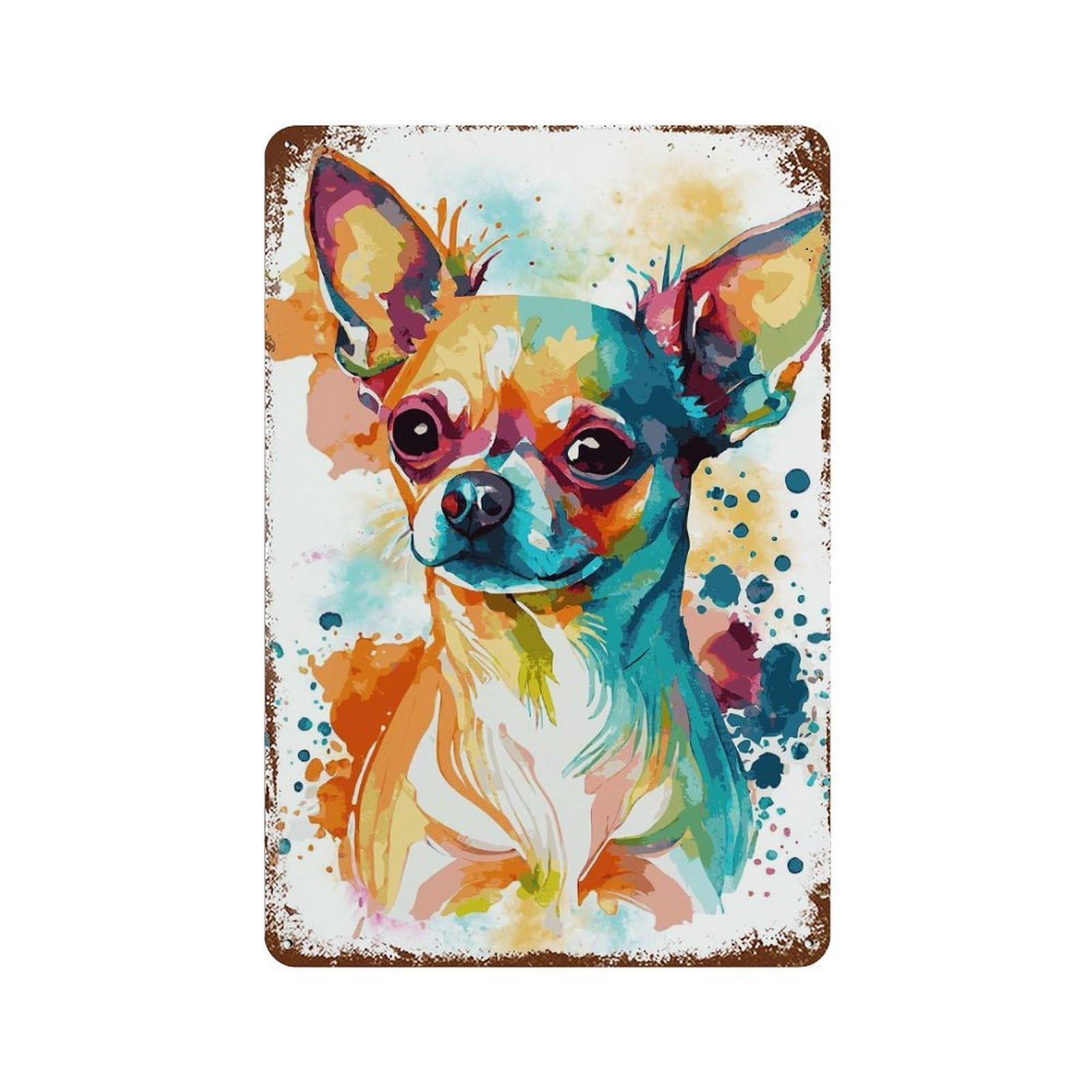 Aged Metal Wall Plaque with Watercolor Chihuahua Dog Design 11.8"x7.9", for Pub, Kitchen And Man Cave Decor, Shabby Chic Decor