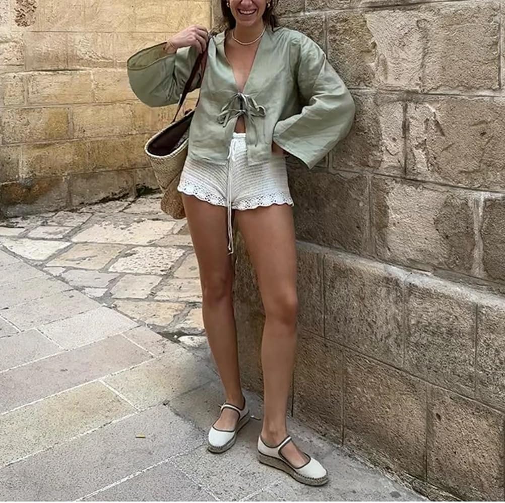 Bow Tie Front Tops for Women Casual Lace Up Bow Shirts Hollow Out V Neck Long Flare Sleeve Blouses Tops - Image 3