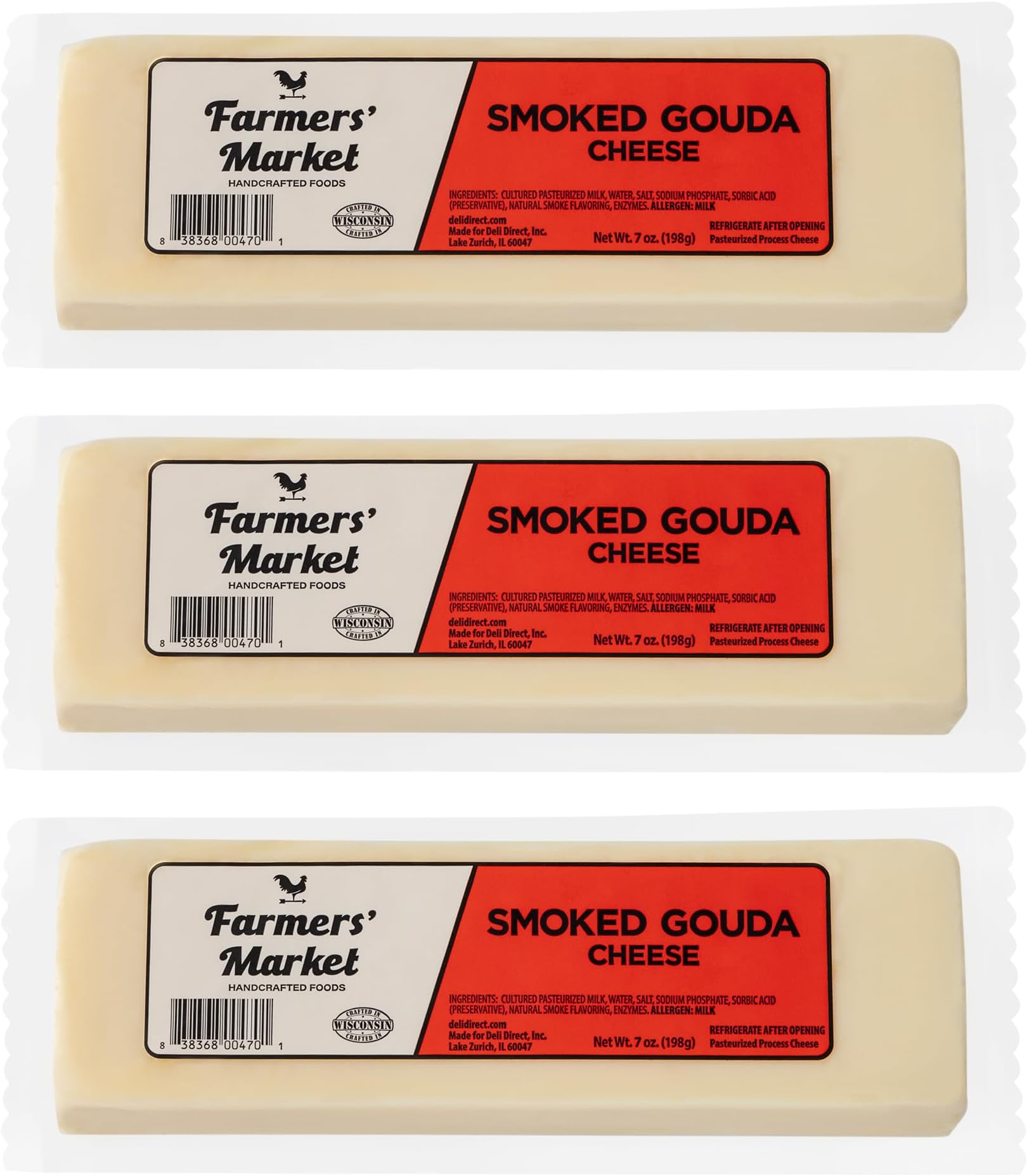 Farmers' Market Smoked Gouda Cheese Block 7oz, Shelf Stable, Pasteurized, Locally Sourced Wisconsin Cheese, 3-Pack