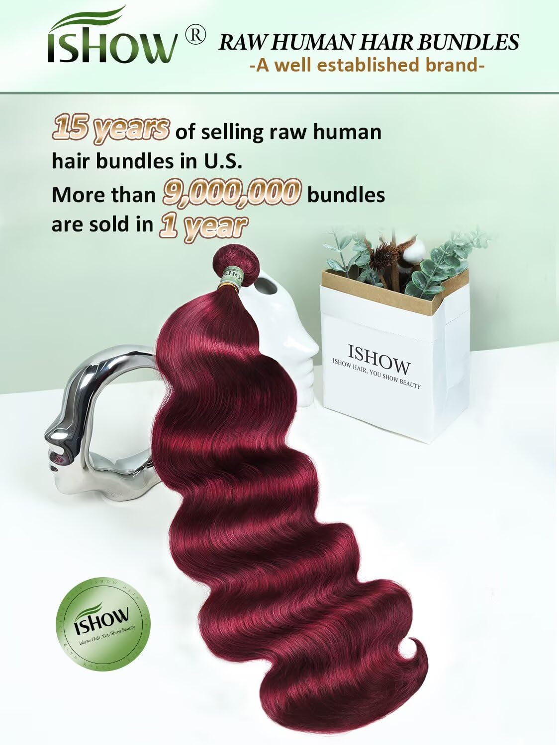 ISHOW Raw Human Hair Bundles, 100% Unprocessed Virgin Human Hair, 15A Body Wave Premium Quality Bundles Producer, 16 Inch Single Bundle, Long Lasting, Red Burgundy Color 99J