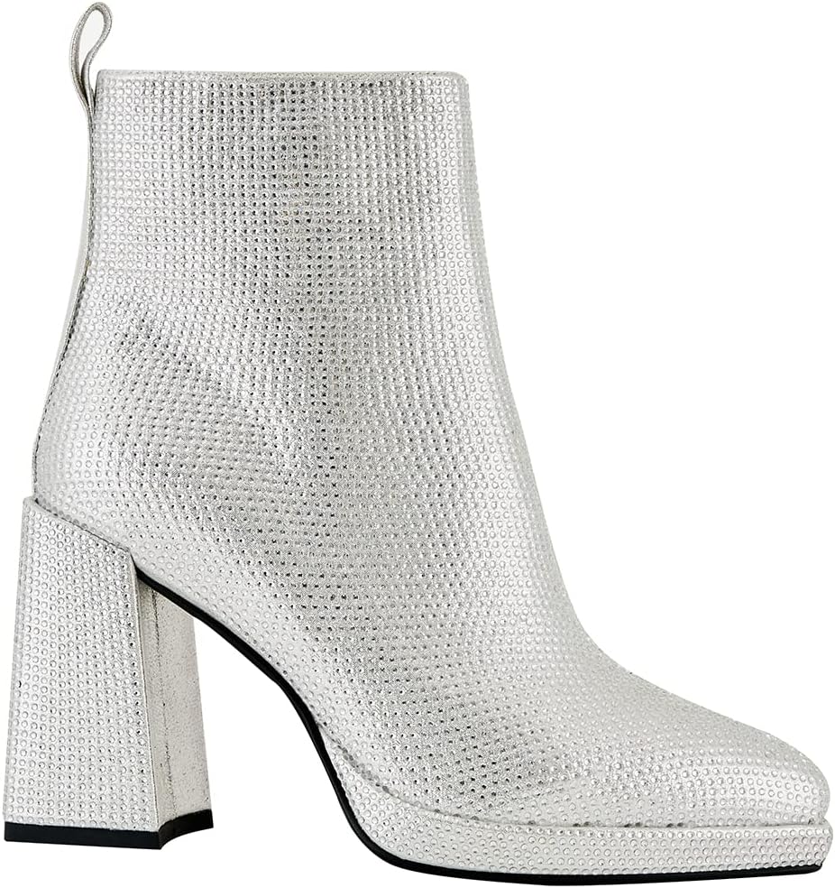 Women's Shiny Rhinestone Boots Block Heel Pointed Toe Glitter Ankle Boots Are Suitable For Date Party Solid Color Booties