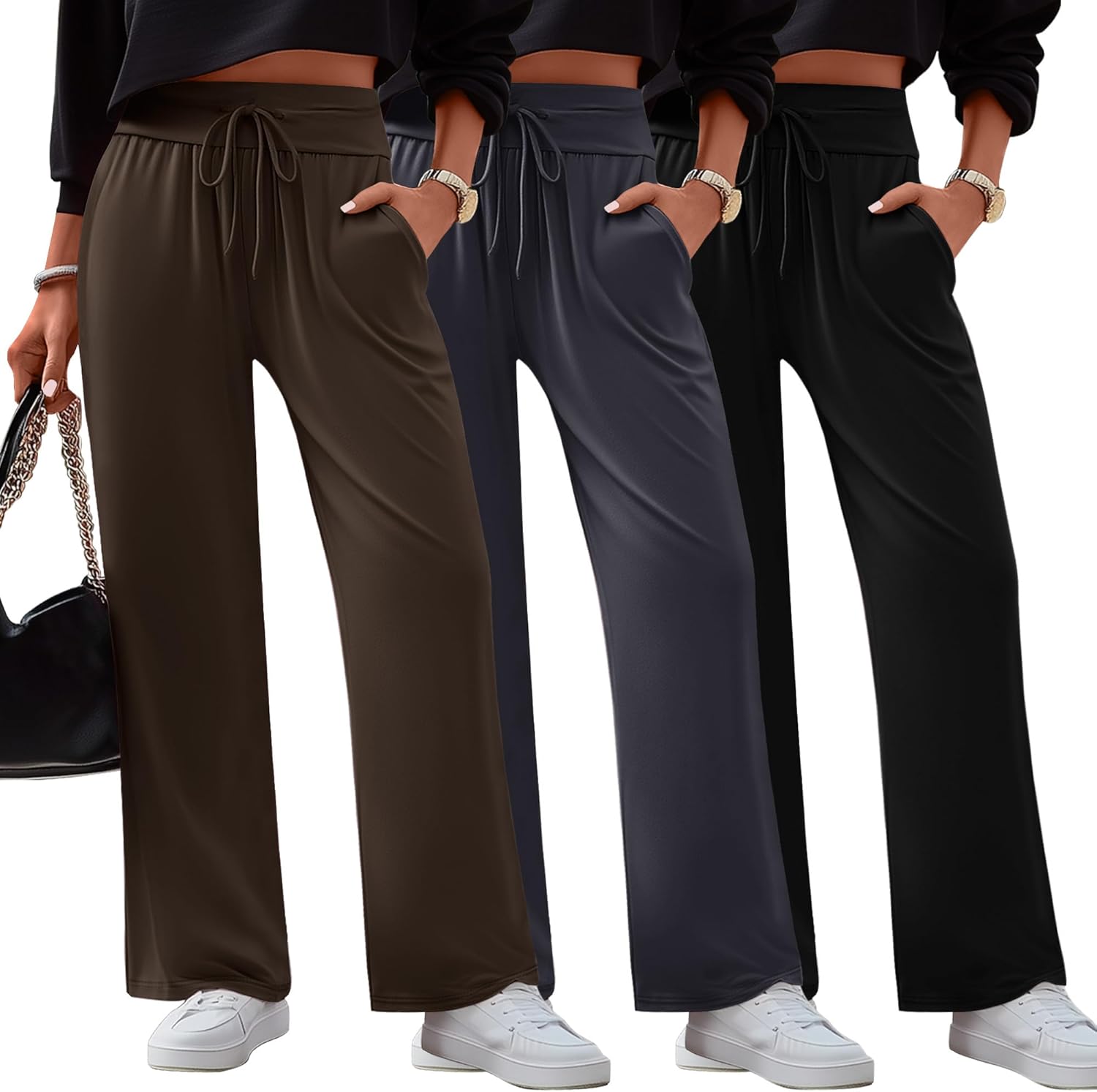 Neer 3 Pack Women's Lounge Pants Wide Leg Yoga Sweatpants with Pockets High Waisted Drawstring Lounge Loose Workout Jogger