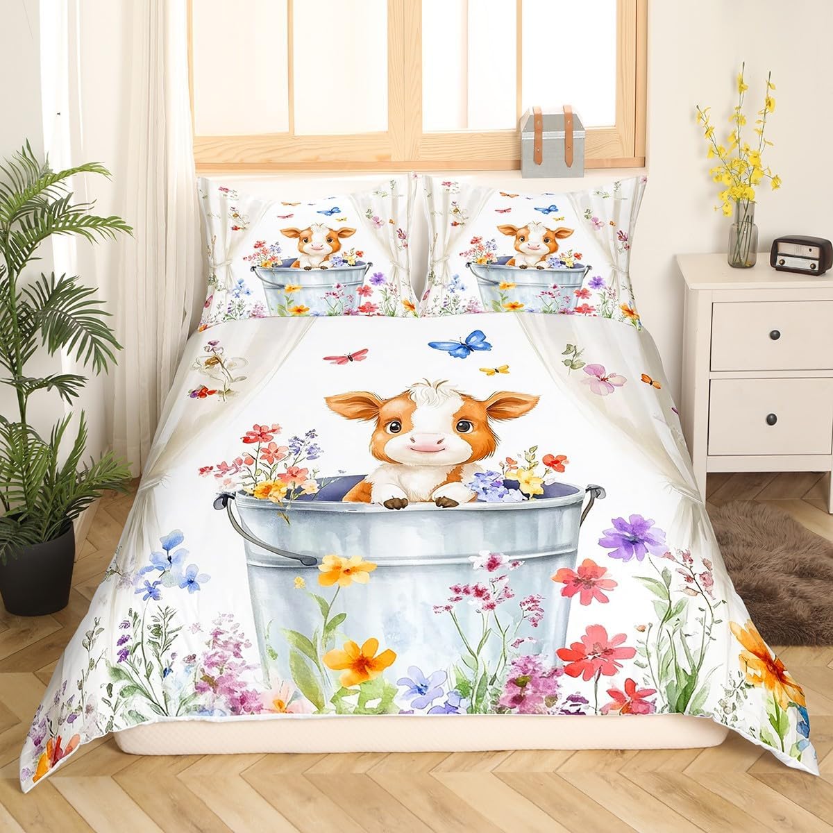 Cute Little Cattle Duvet Cover Set Toddler Size,Butterfly Flower Rustic Bedding Set,Boys Girls Room Decor,Cartoon Bull Cow Animal Farmhouse Comforter Cover,Colorful Quilt Cover,1 Pillowcase(No Filler)