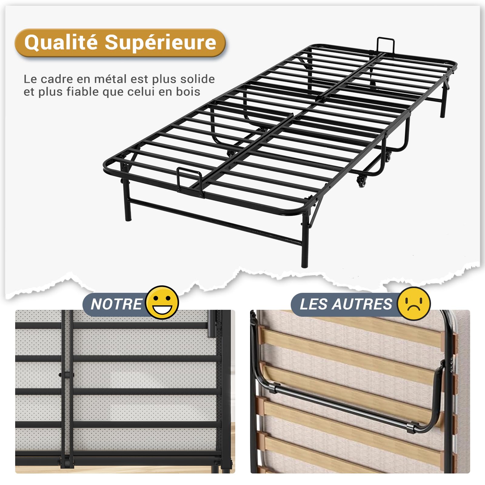 Brinlawb Lit Pliant 1 Personne 90x200 cm avec Matelas, Lit Pliable Adulte avec Matelas en Mousse de 10 cm, Lit d'appoint 1 Personne avec Cadre de lit en métal et 4 roulettes, Charge 250 kg, Noir