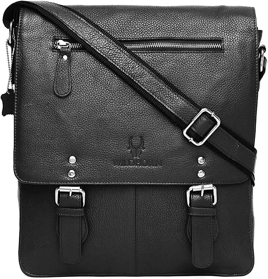 WildHorn Leather Sling Messenger Bag For Men, Black, M