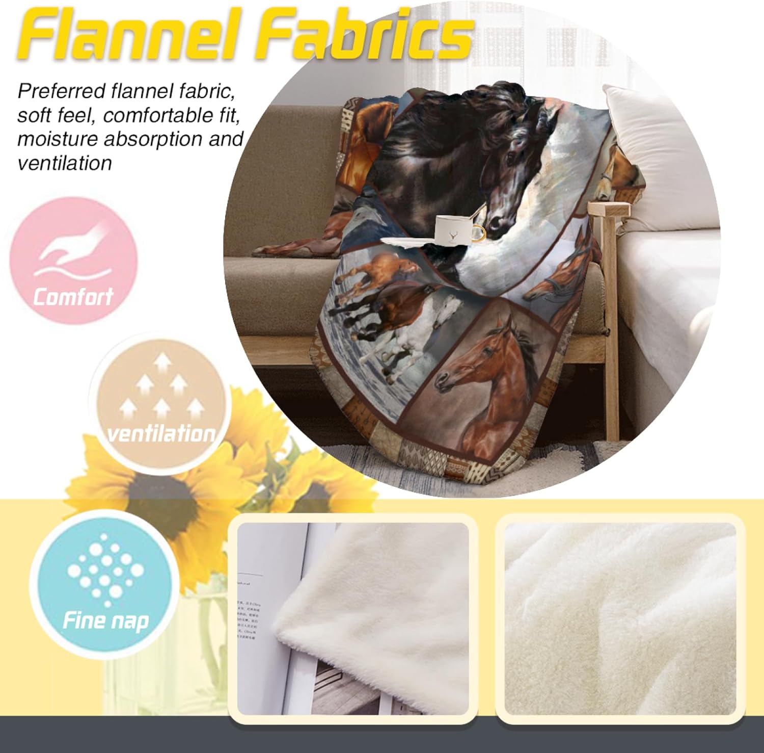 Air Conditioner Lightweight Horses Blanket Flannel Fleece Blanket Ultra Soft Throw Blanket for Couch Living Room Bed (60''x50'', Horses) - Image 6