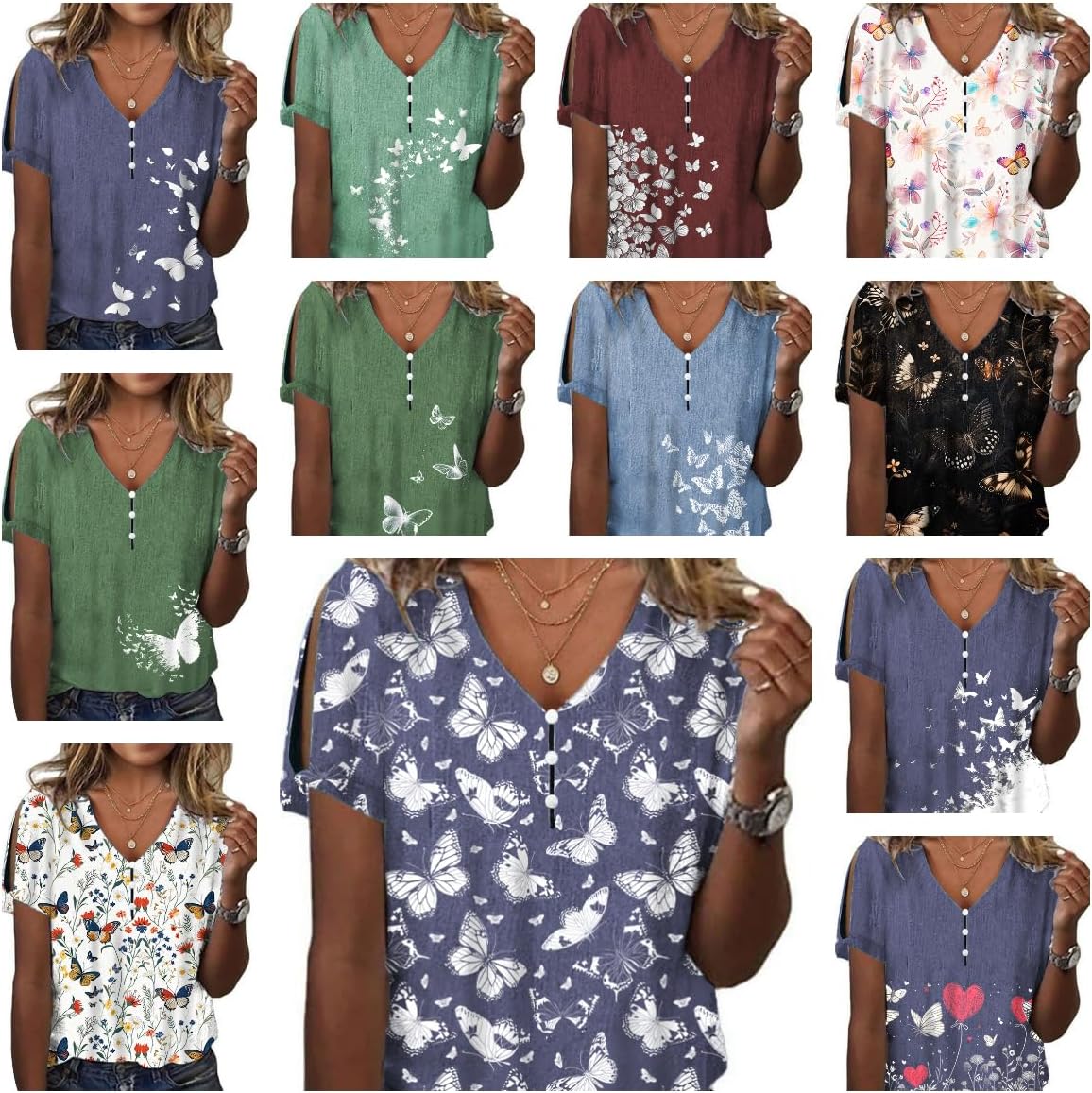 Women's Boho Butterfly Floral Print Cold Shoulder Flowy Tops Summer Dressy Casual V Neck Ladies Blouses Tunic Tops - Image 3