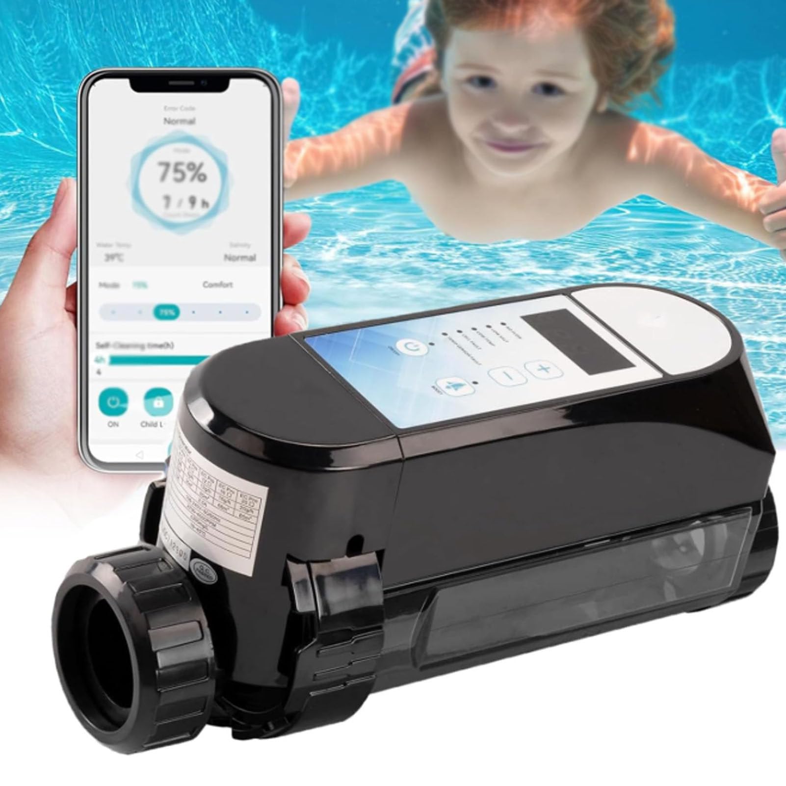 EUMTYDM Electrolytic Saltwater Pool System, Salt Water Chlorination System for Swimming Pools, App Remote Control, Chlorinator with Smart Digital Panel 16g/h (12g/H)