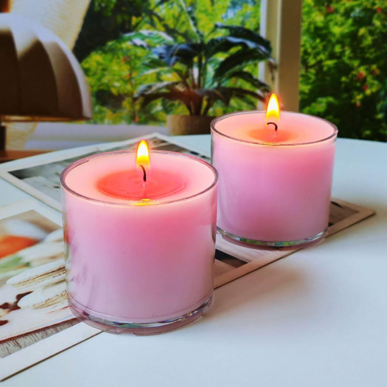 Squisito 8 candele in vetro realizzate con burro chiarificato vegetale naturale e stoppino in cotone, 15 ore di combustione pulita, candele in barattolo senza profumo. tranquillo(Lila)