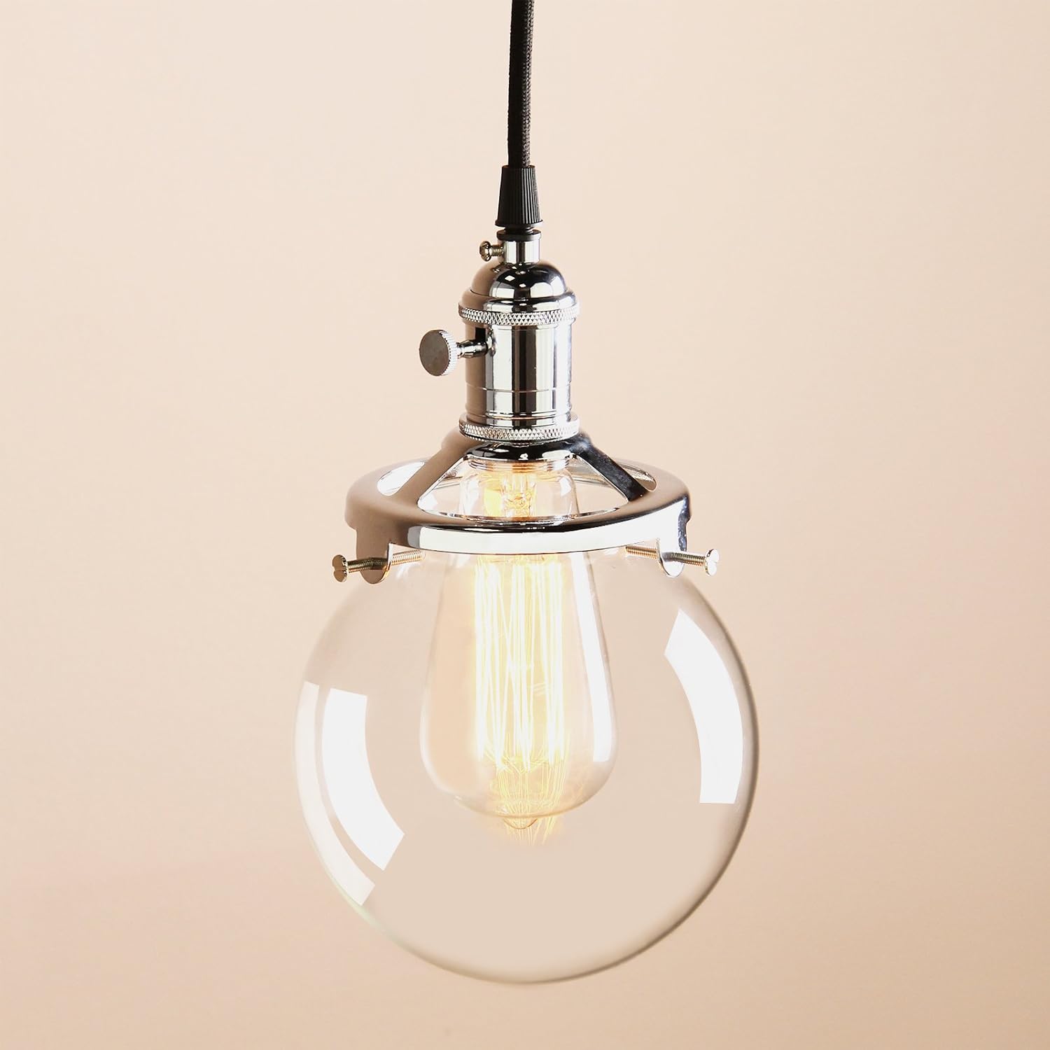 Up To 40% OFF Permo Vintage Industrial Pendant Light Fixture Mini 5.9 Round Clear Glass Globe Hand Blown Shade (Chrome) Exclusive Discount 50% Price Permo Vintage Industrial Pendant Light Fixture Mini 5.9 Round Clear Glass Globe Hand Blown Shade (Chrome)