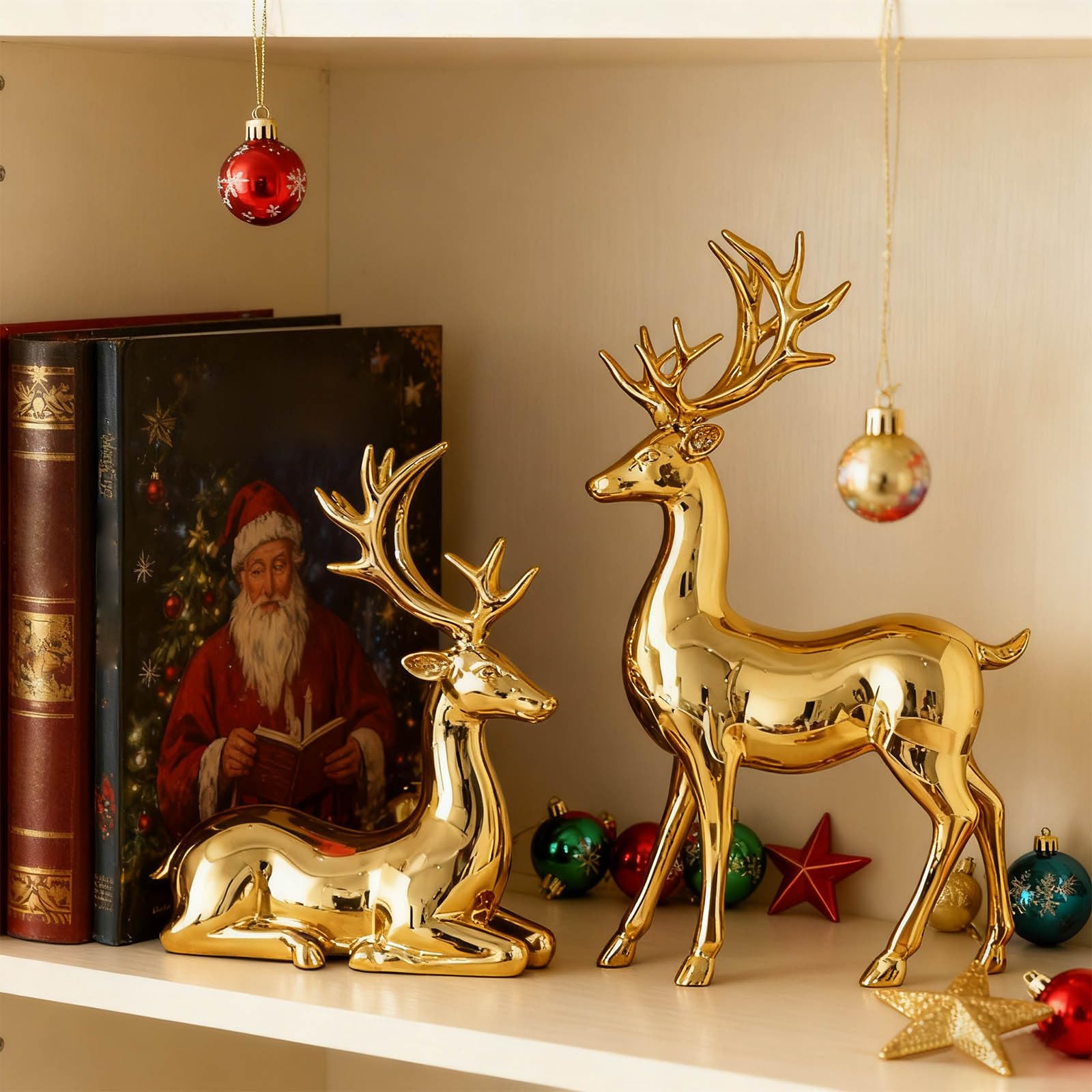 2PCS Reindeer Christmas Decorations, Gold Electroplated Reindeer Ornaments, A Pair of Elk Statues Decor, Nordic European Style Table Craft for Home Living Room and Office Decor (Gold)