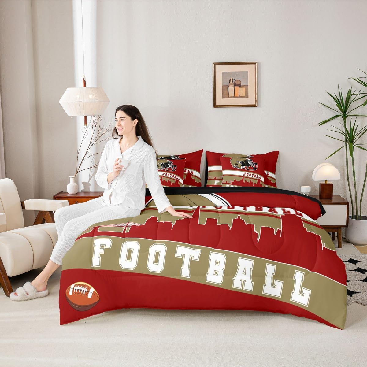 Erosebridal Football 7 Pcs Comforter Set Queen Football Fans Bedding for Men Footballs City Sheet Set Bed in A Bag Red Rugby Competition Room Decor Sports Ball Game Quilt - Image 7