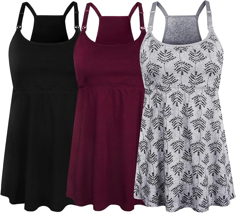 SUIEK 3-Pack Cotton Maternity Nursing Tank Tops Breastfeeding Cami Shirts | Cami with Light Shelf Bra Support, Pregnancy to Postpartum, No Separate Bra Needed