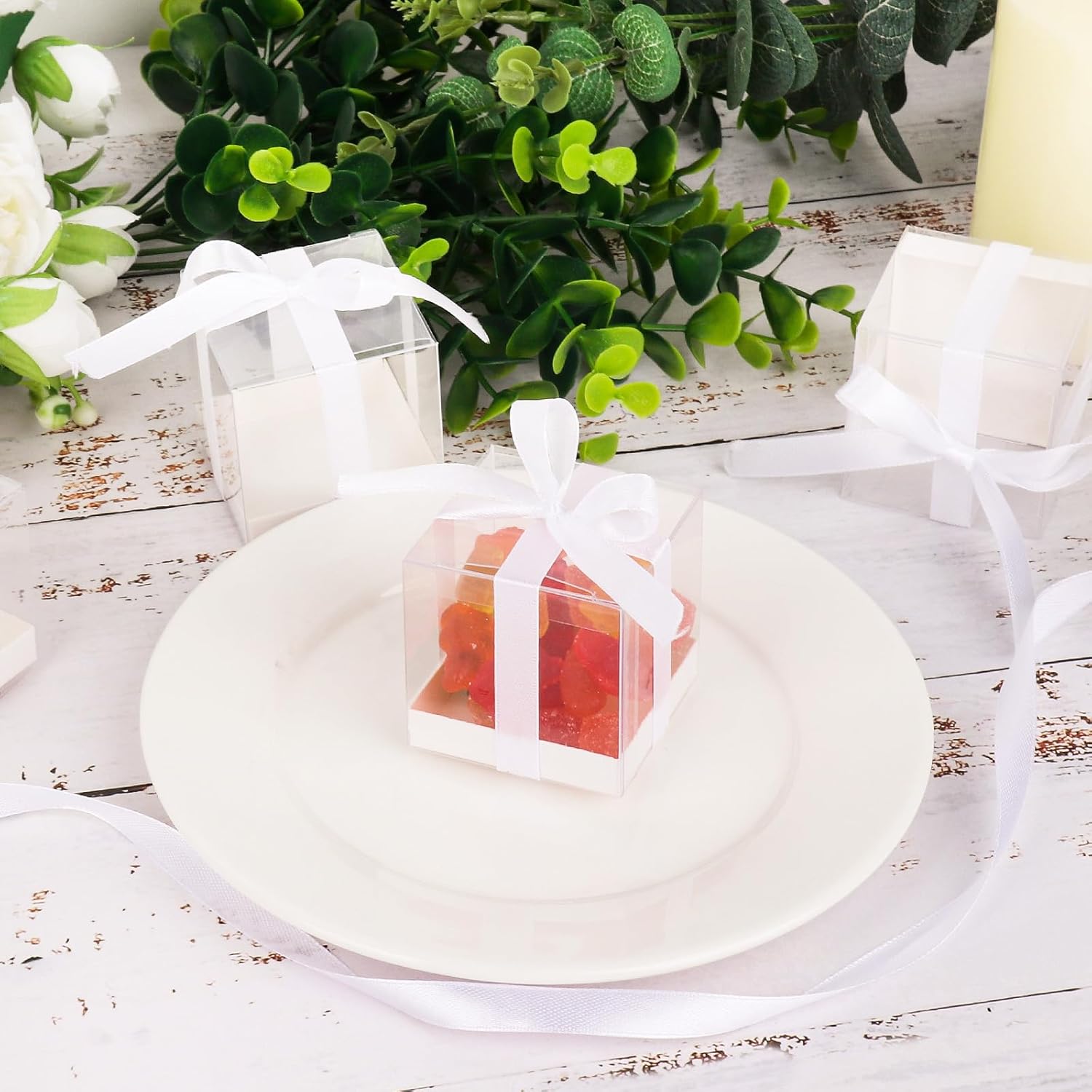 Hxezoc 50 Pack Favor Boxes, 2x2x2 Inches Clear Candy Treat Boxes with White Ribbons, Mini Plastic Gift Boxes for Wedding, Birthday Party, Baby Shower, Classroom Decoration Supplies - Image 3