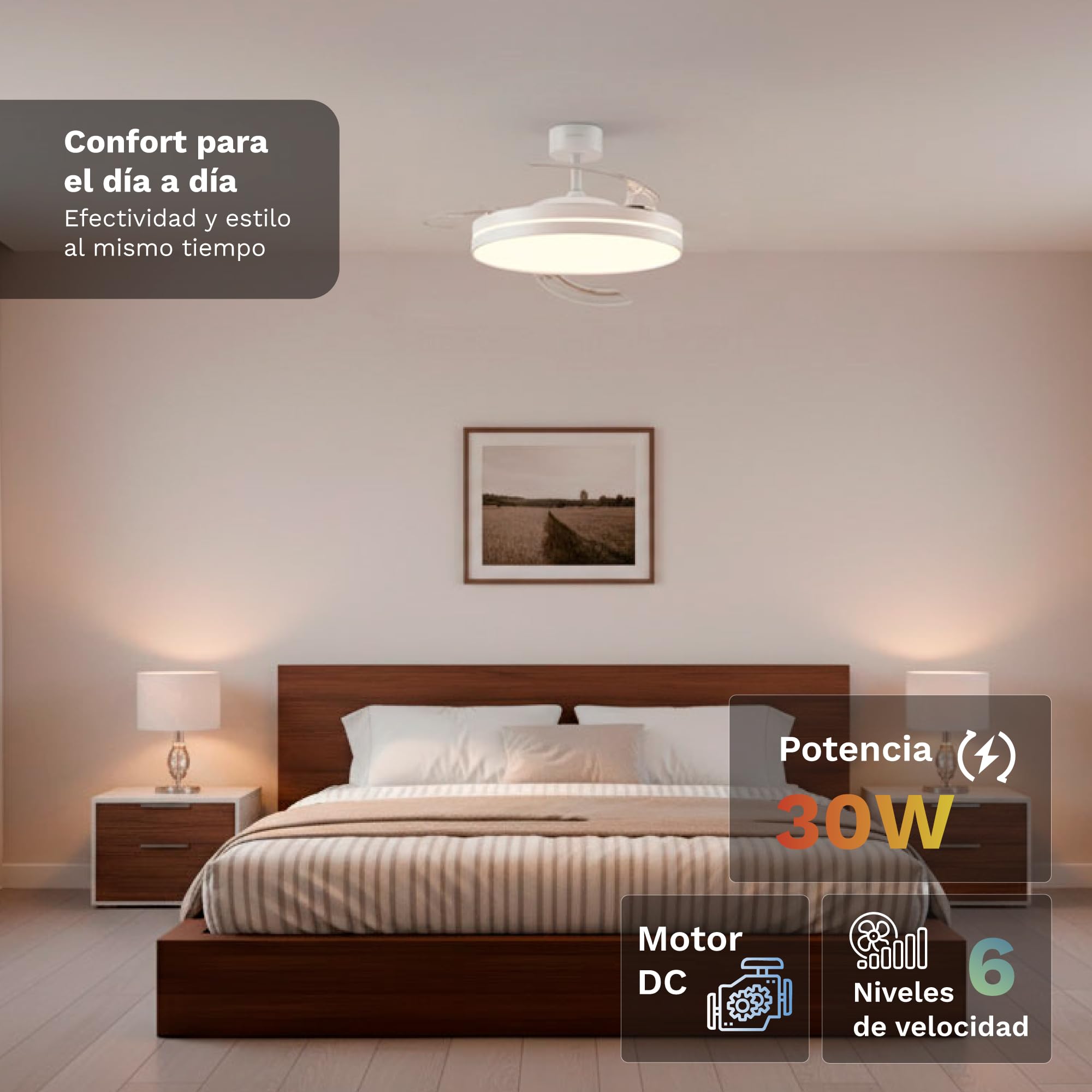 Grunkel Ventilador de Techo 42” | Motor DC 30W | Aspas Retráctiles | Luz LED 24W | 6 Velocidades | Rotación Inversa | Mando a Distancia |