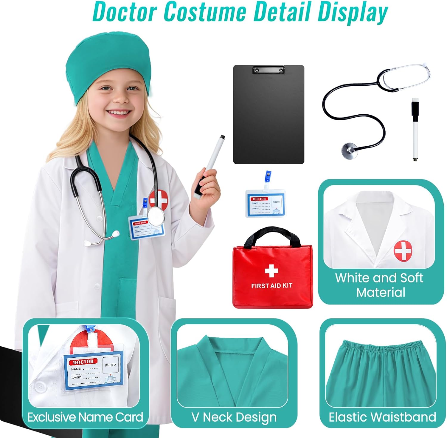Doctor Costume for Kids with Realistic Stethoscope Career Day and Halloween Kids Scrubs for Girls Costume - Image 2