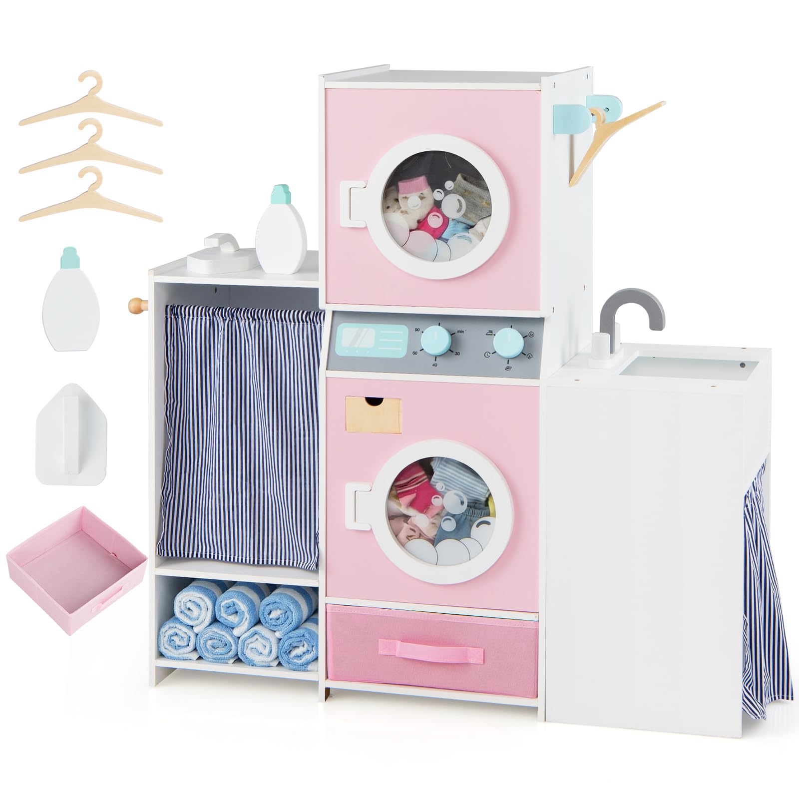 COSTWAY Lavatrice Giocattolo per Bambini, Set Gioco Lavanderia in Legno con Lavatrice, Asciugatrice, Rubinetto e Accessori, Simulazione Elettrodomestici, Giocattolo Educativo 3+ Anni, 89 x 30 x 88 cm