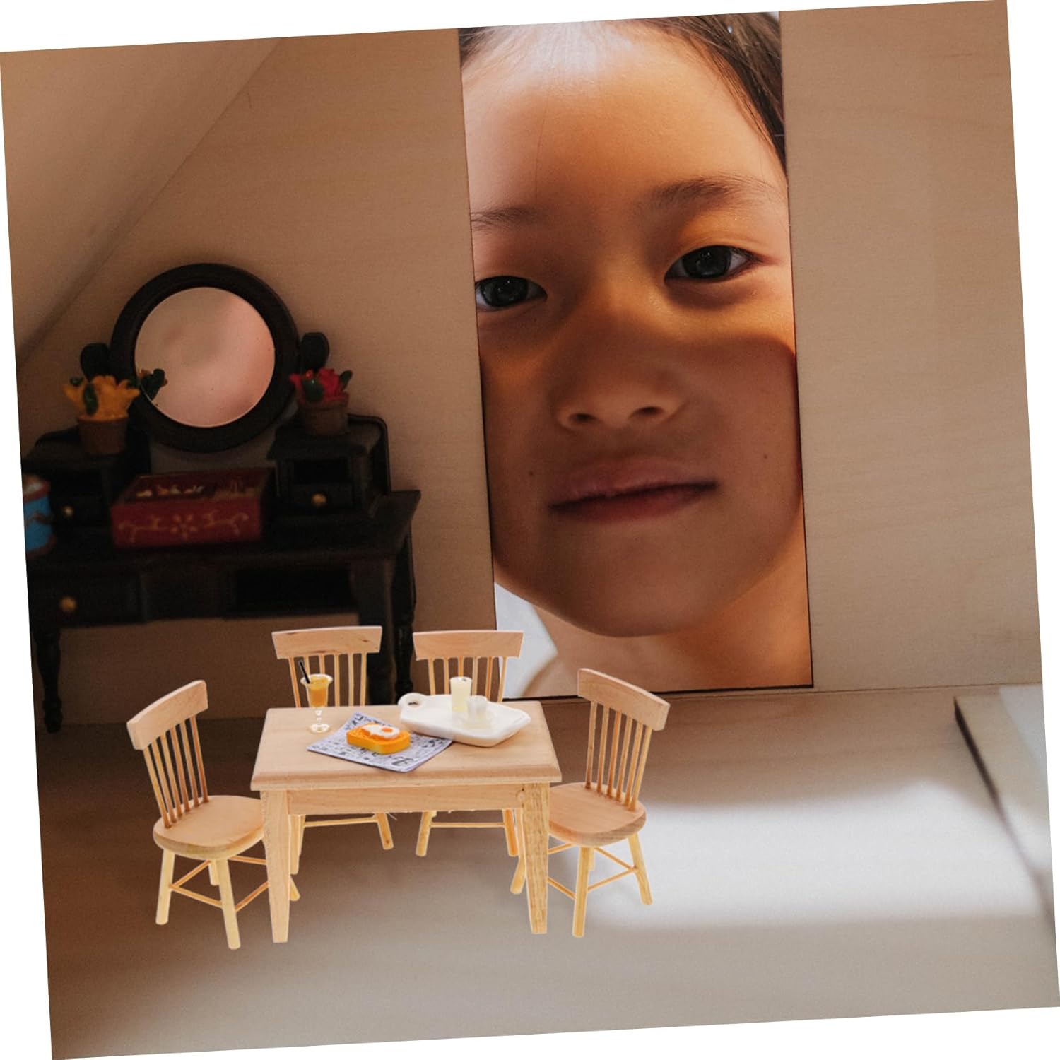 Kisangel 1 Set Miniature Doll House Chair and Dining Table Vintage Style Furniture Props with Food for Playhouse Decoration Fine Craftsmanship Design for Creative Play