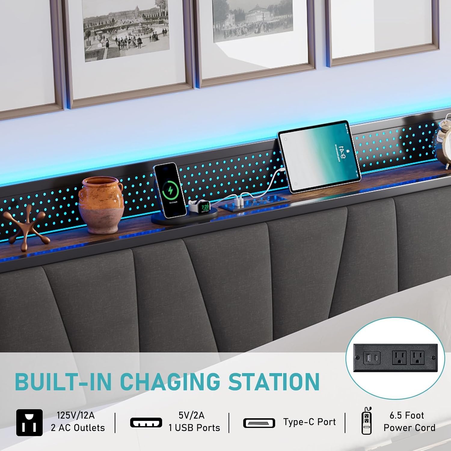 3 Pieces Farmhouse Bedroom Set, Includes Queen Size Lift Up Storage Bed Frame with LED Lights and Linen Upholstered Headboard, Nightstand Set of 2 with Charging Station, Rustic Brown