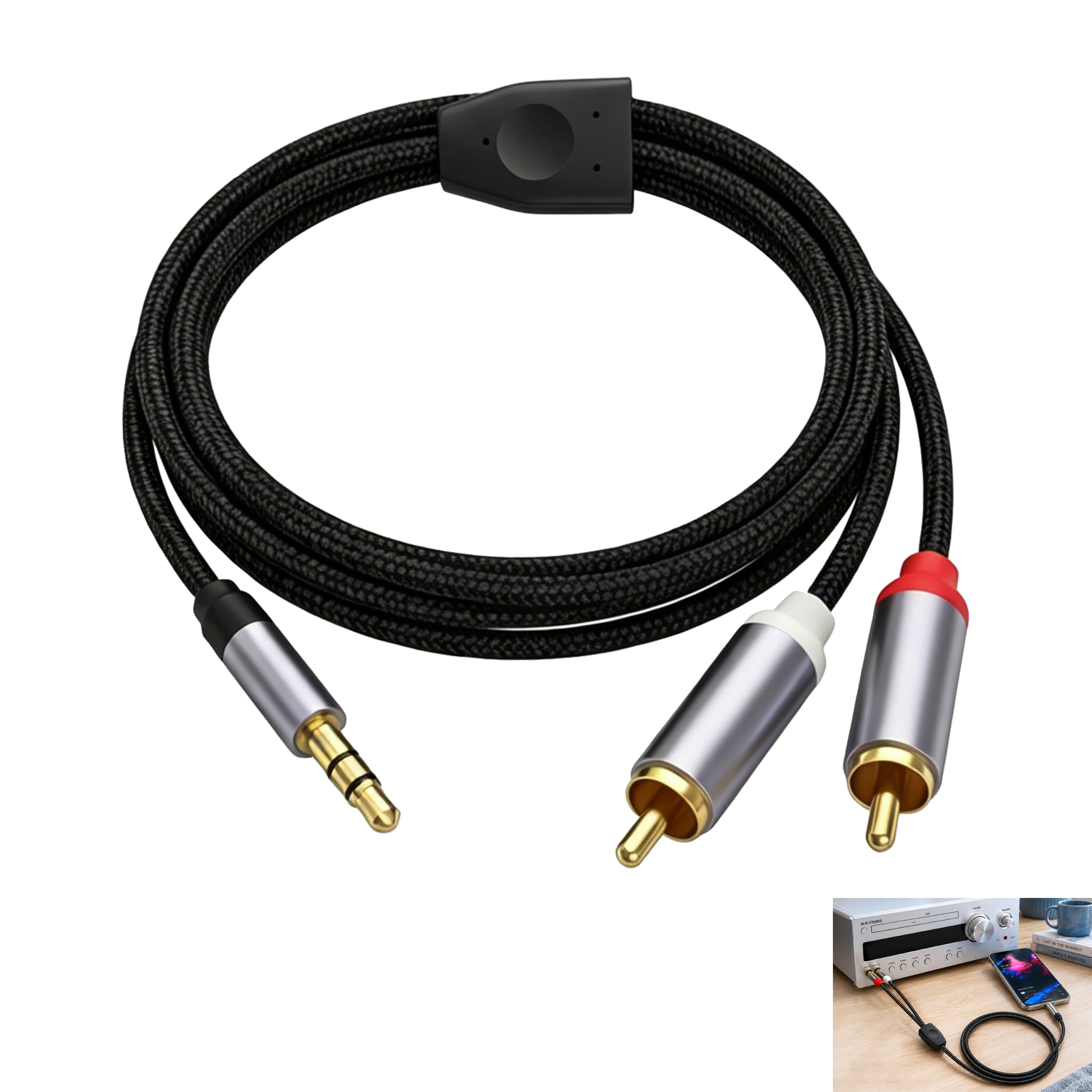 3.5mm Klinke auf Cinch Kabel, Klinke 3.5mm auf 2 Cinch Kabel 2m, Stereo Audio AUX Kabel Vergoldete Stecker, RCA Adapterkabel für TV PC Handy Lautsprecher Autoradio Verstärker Soundbar Nylonkabel