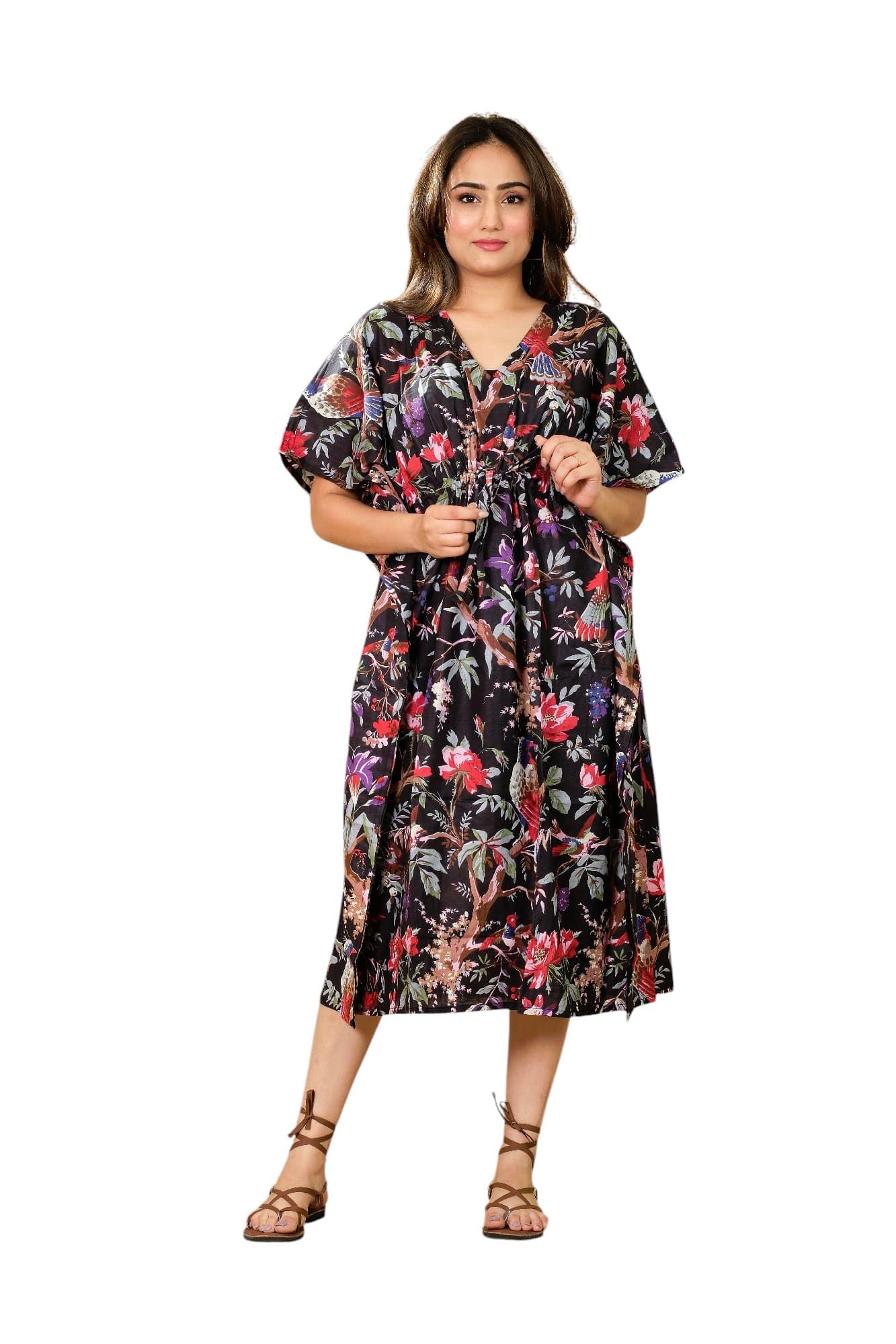Marika Textiles Beautiful Bird Printed Cotton Kaftan Women's Regular Wear Long Night Kaftan, Elbow-Length Sleeves (Free Size) Black-image-6