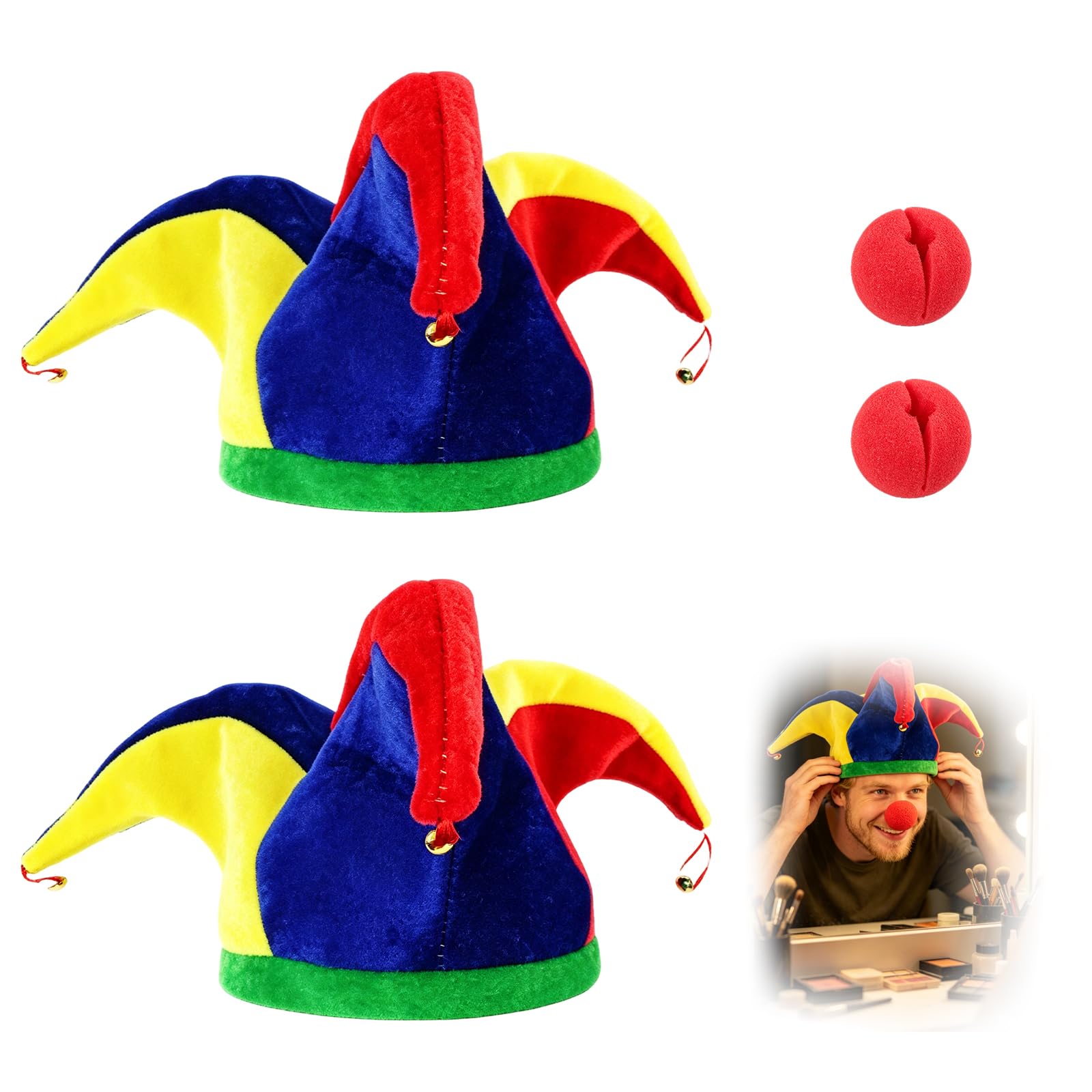 WORUIB 4-Piece Jester Set, Sponge Noses, Triangular Hats, Halloween Costume Set, Cosplay Accessories, Carnival Party Supplies