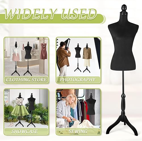 Miniatura 6 de Forma de vestido de torso de maniquí de tela femenina con soporte de base de trípode de madera, cuerpo de maniquí ajustable de 52 a 67 pulgadas para