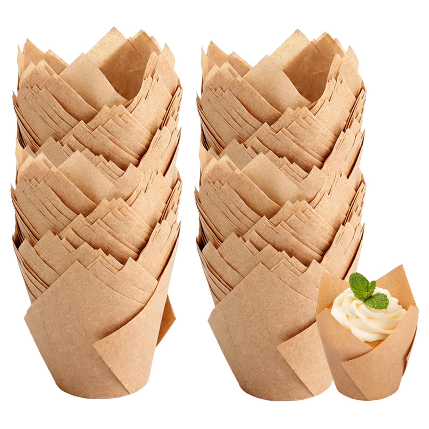200pcs Tulip Muffin Cases for Bakings,Tulip Cupcake CasesMuffins Baking CasesCup Cake Cases for Baking Cups,Large Greaseproof Cupcake Cups for Christmas Wedding Birthday Party(Brown)